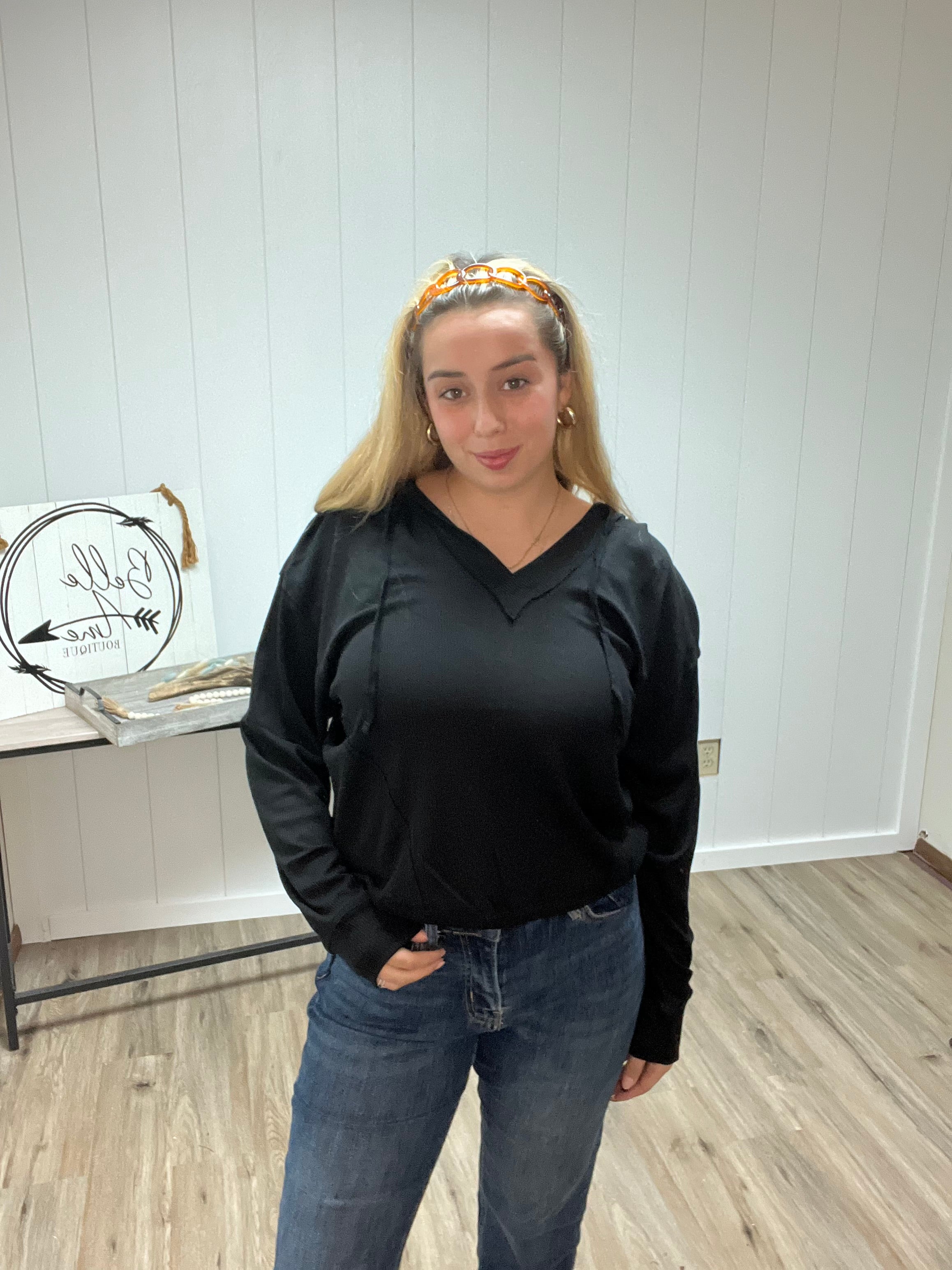 Relaxed Fit Notch Neck Ribbed Hoodie