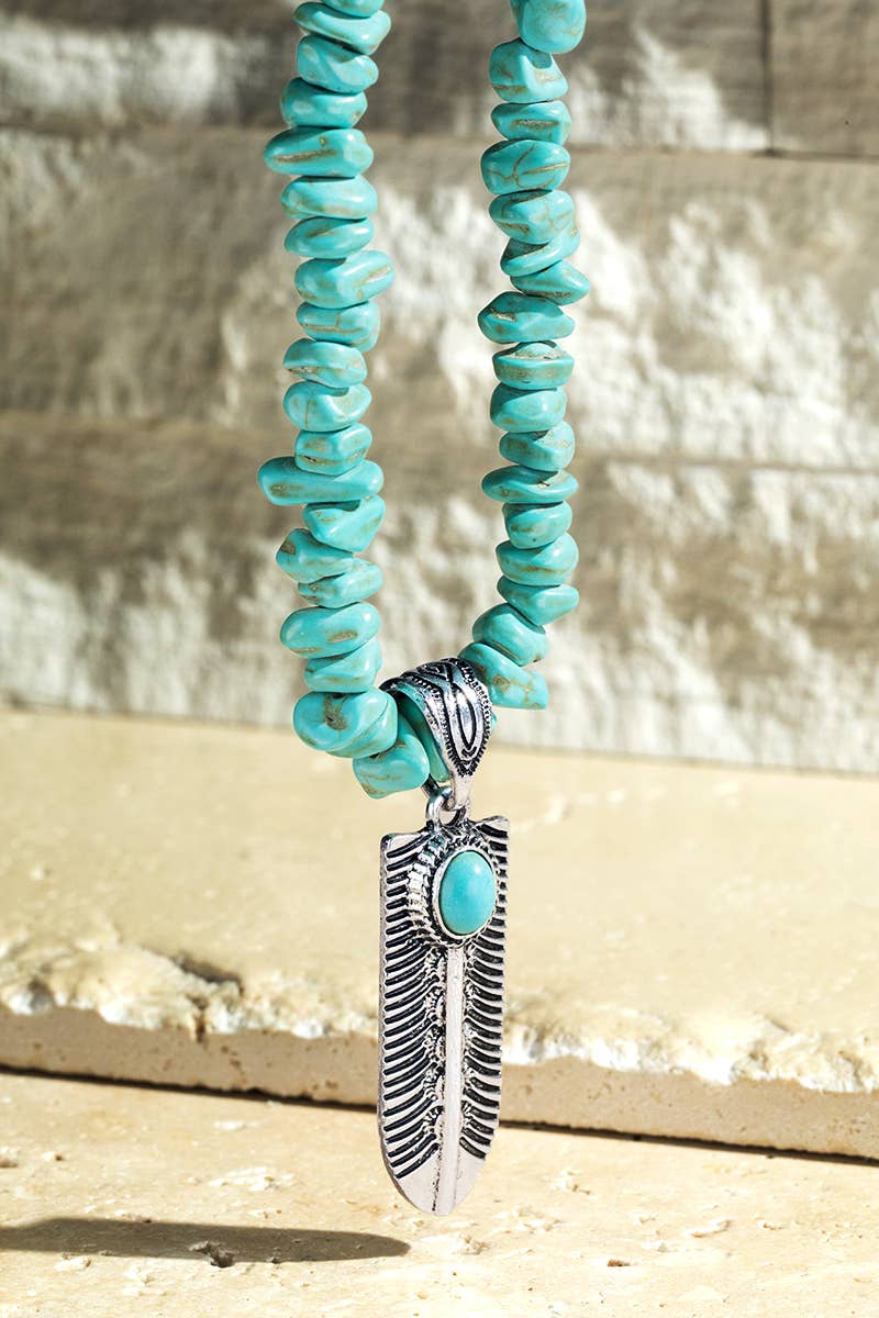 Semi Stone Feather Pendant Necklace