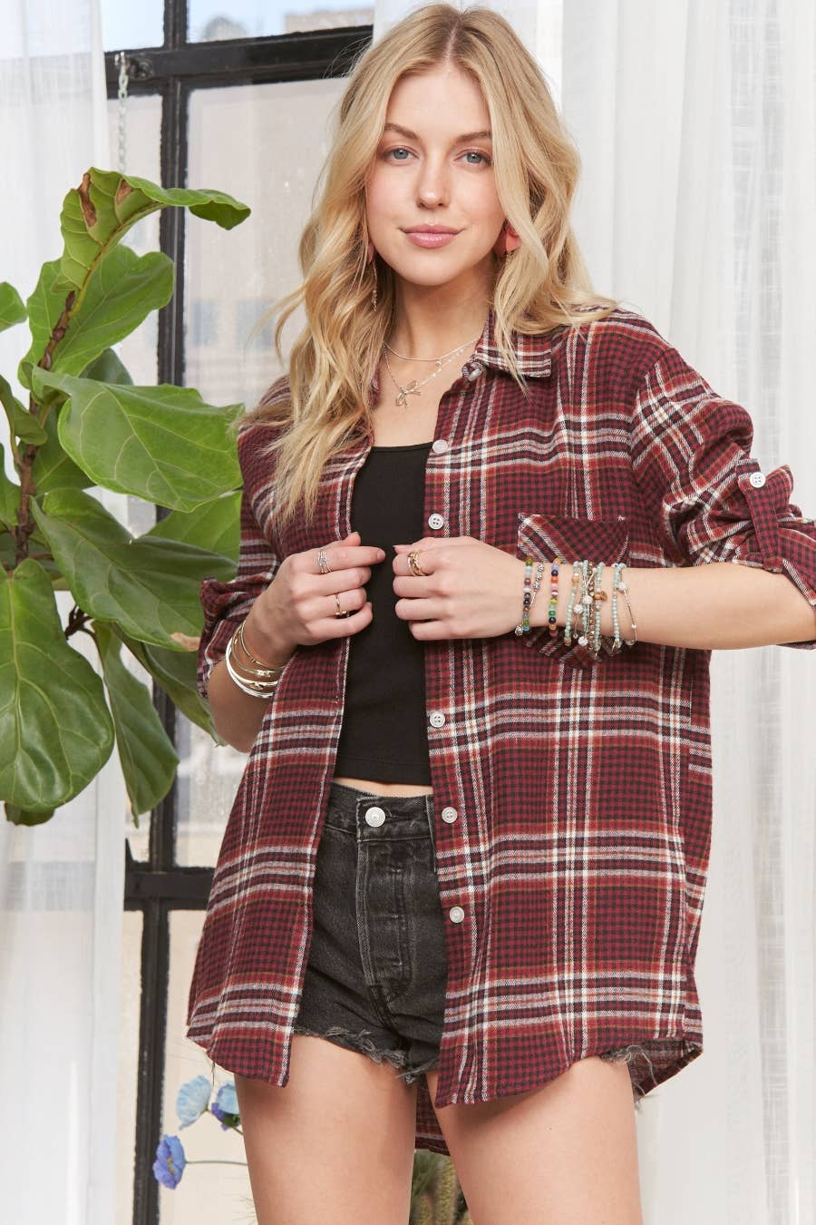 ADORA LA - CET2309X - PLUS SIZE BUTTON DOWN PLAID SHIRT