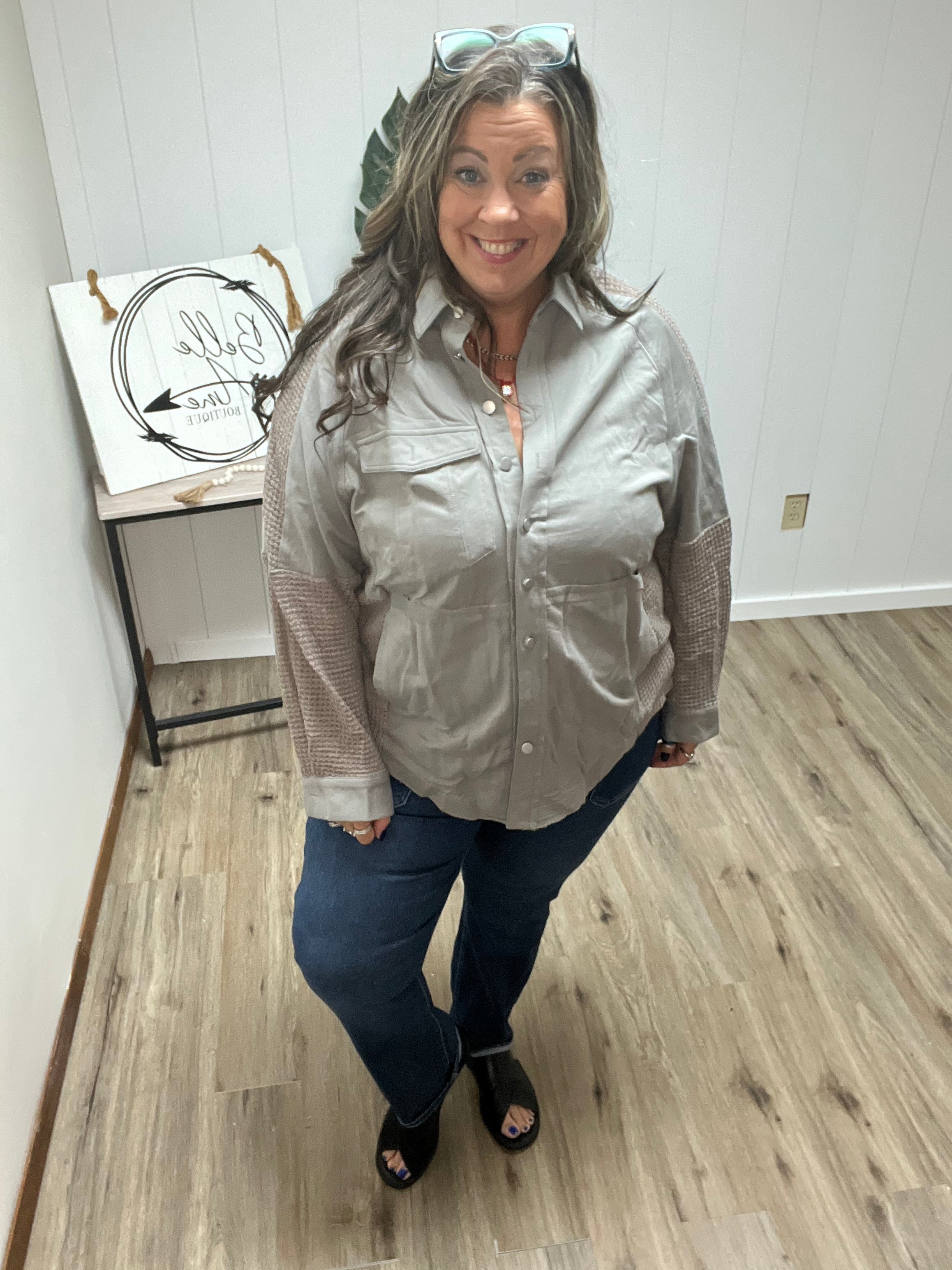 Waffle Knit Mixed Media Button-down
