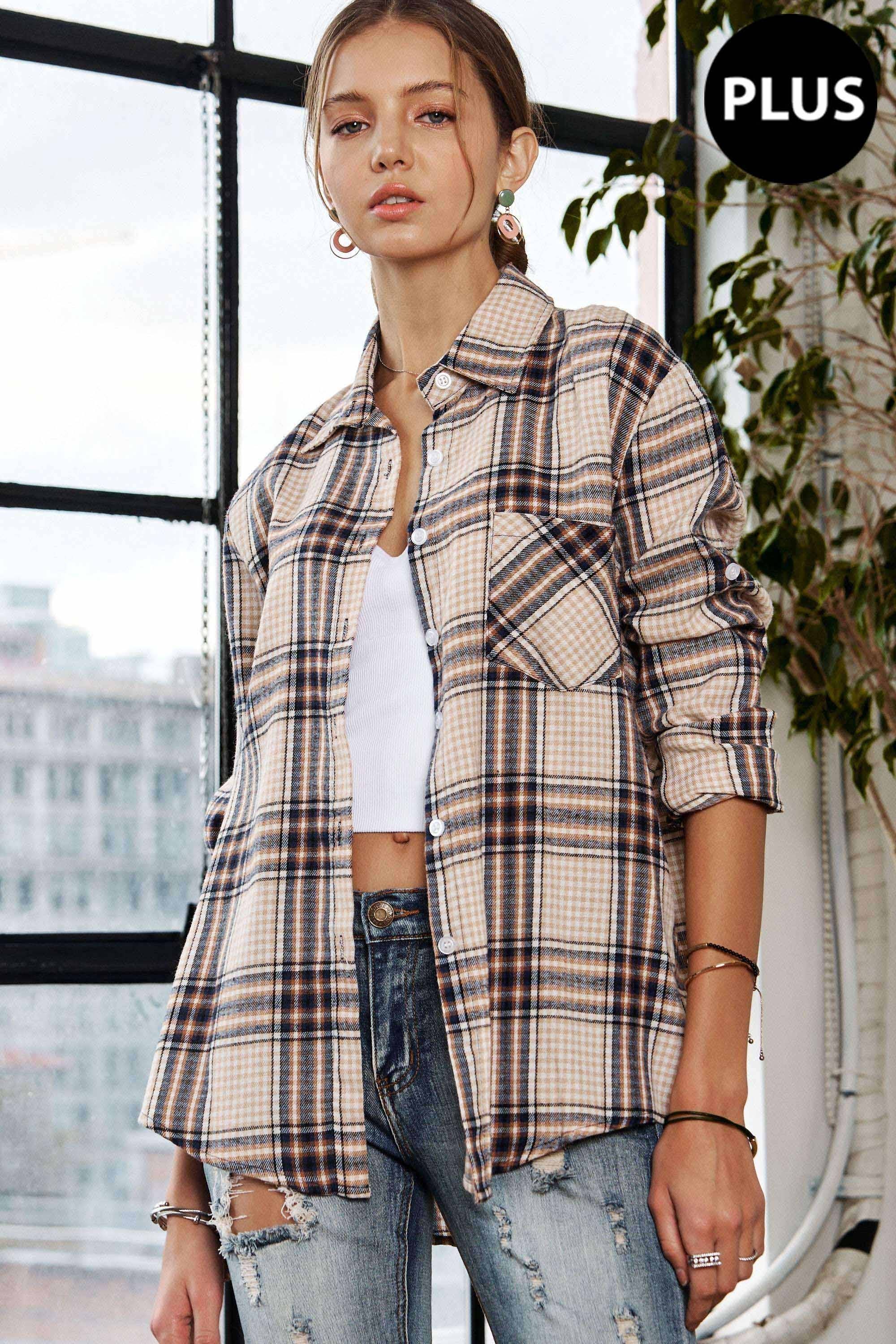 ADORA LA - CET2309X - PLUS SIZE BUTTON DOWN PLAID SHIRT