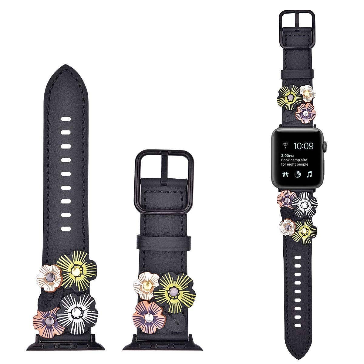 Floral Leather Apple Watch Band Flower Rivets Hand Stitched