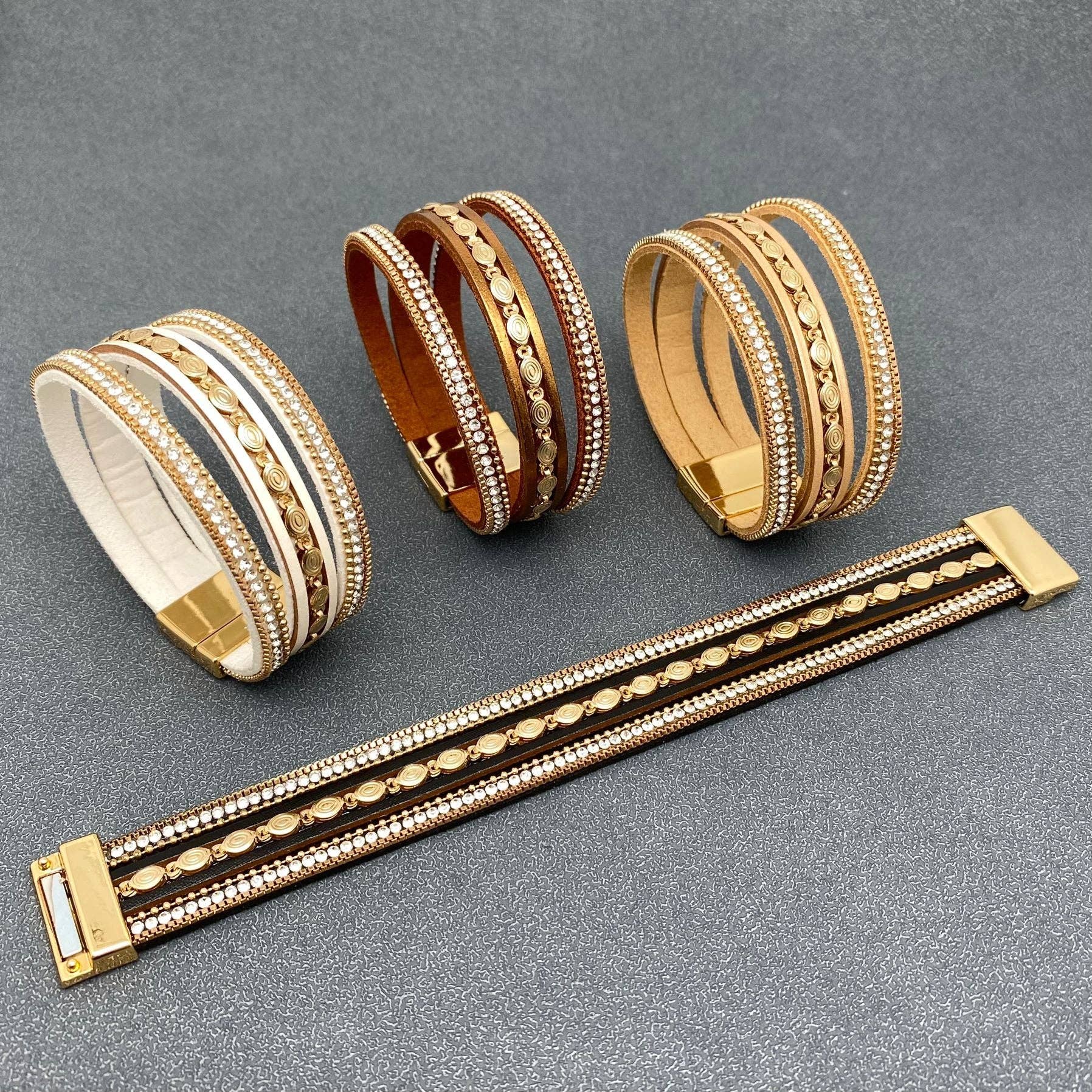Sparkling Rhinestone & Leather Triple Boho Bracelet