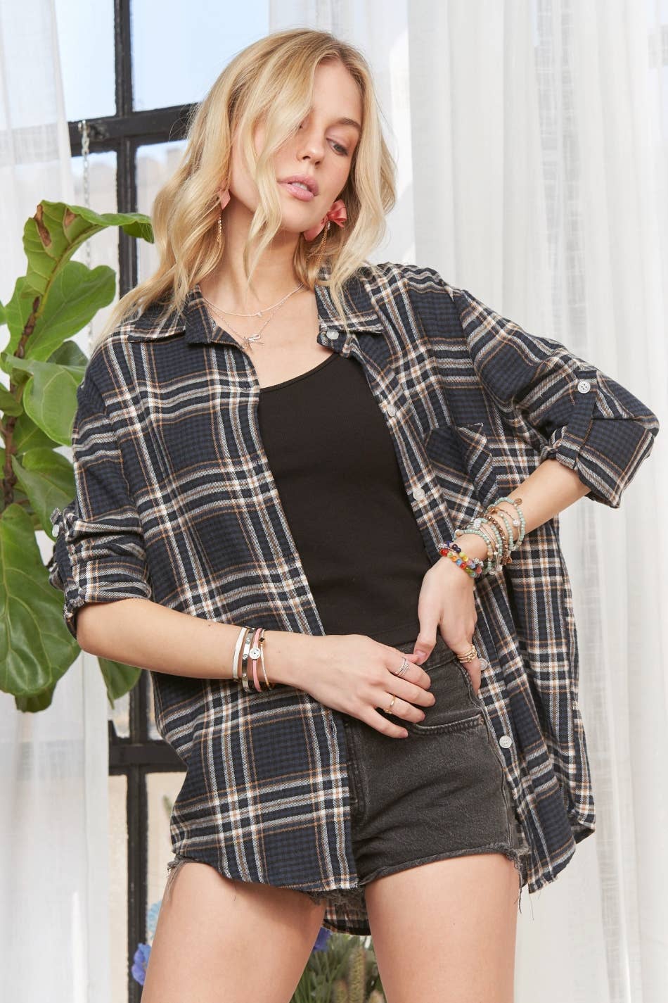 ADORA LA - CET2309X - PLUS SIZE BUTTON DOWN PLAID SHIRT
