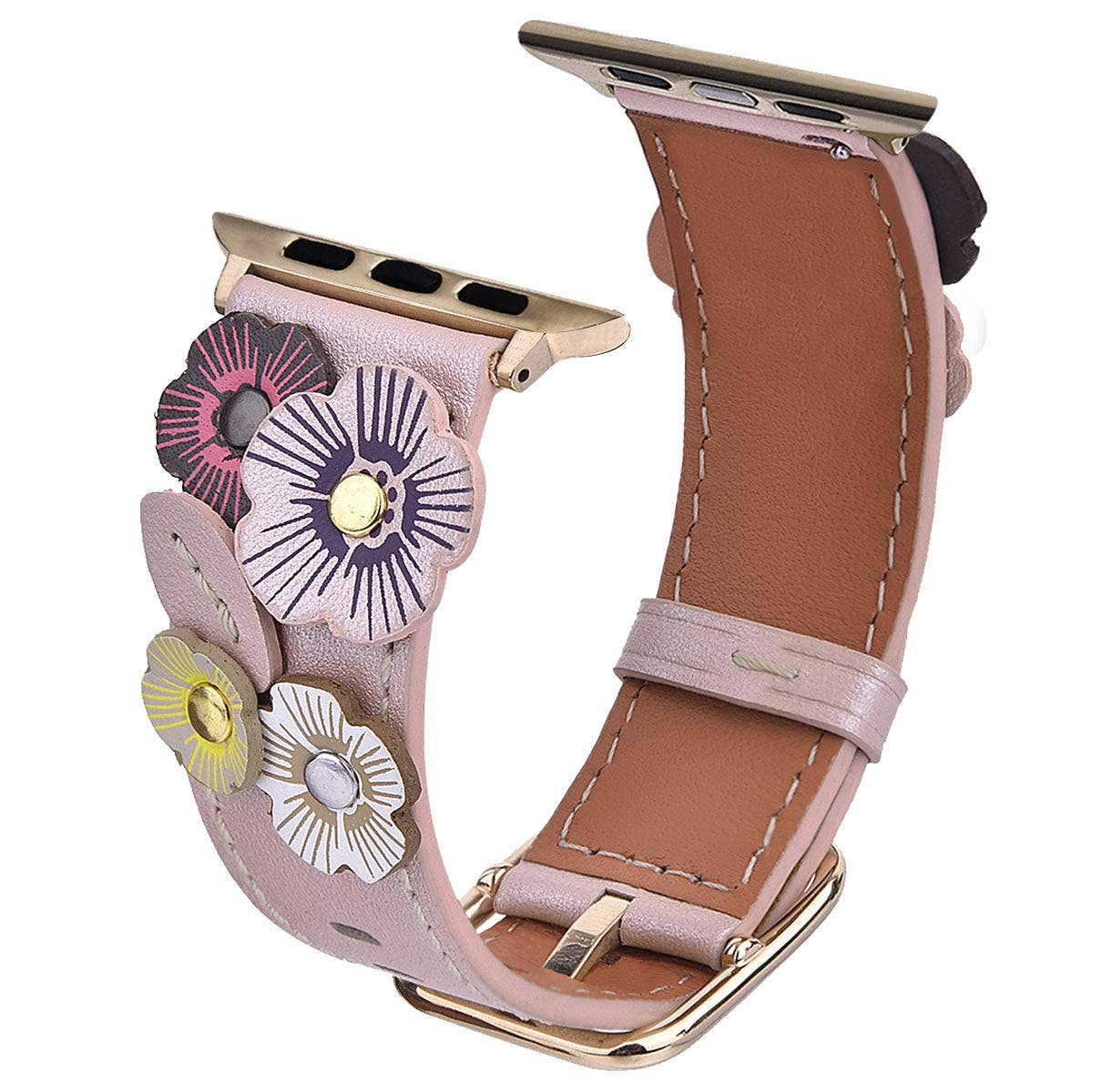 Floral Leather Apple Watch Band Flower Rivets Hand Stitched