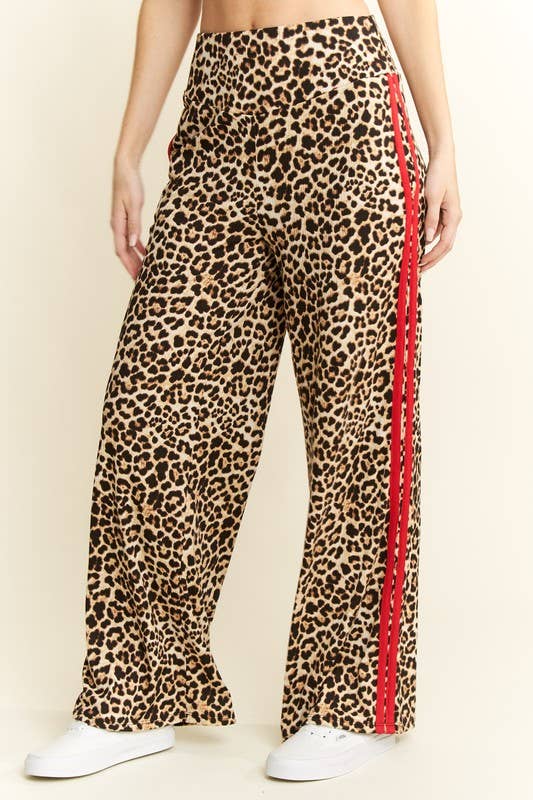 LEOPARD PRINT WITH RED SIDE STRIPE PANTS