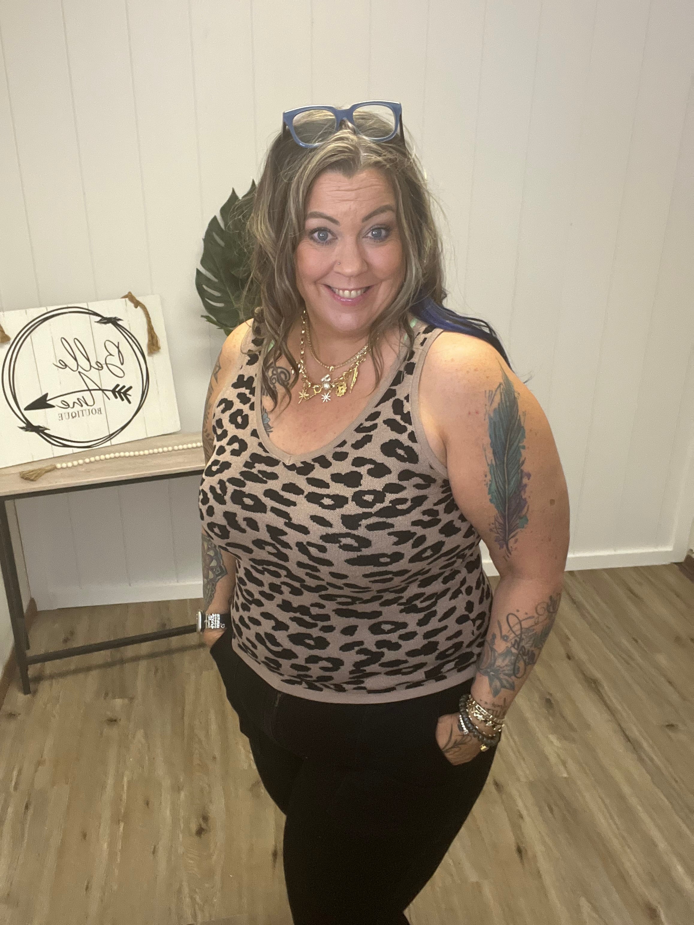 Leopard Knitted Lightweight V Neck Tank Top