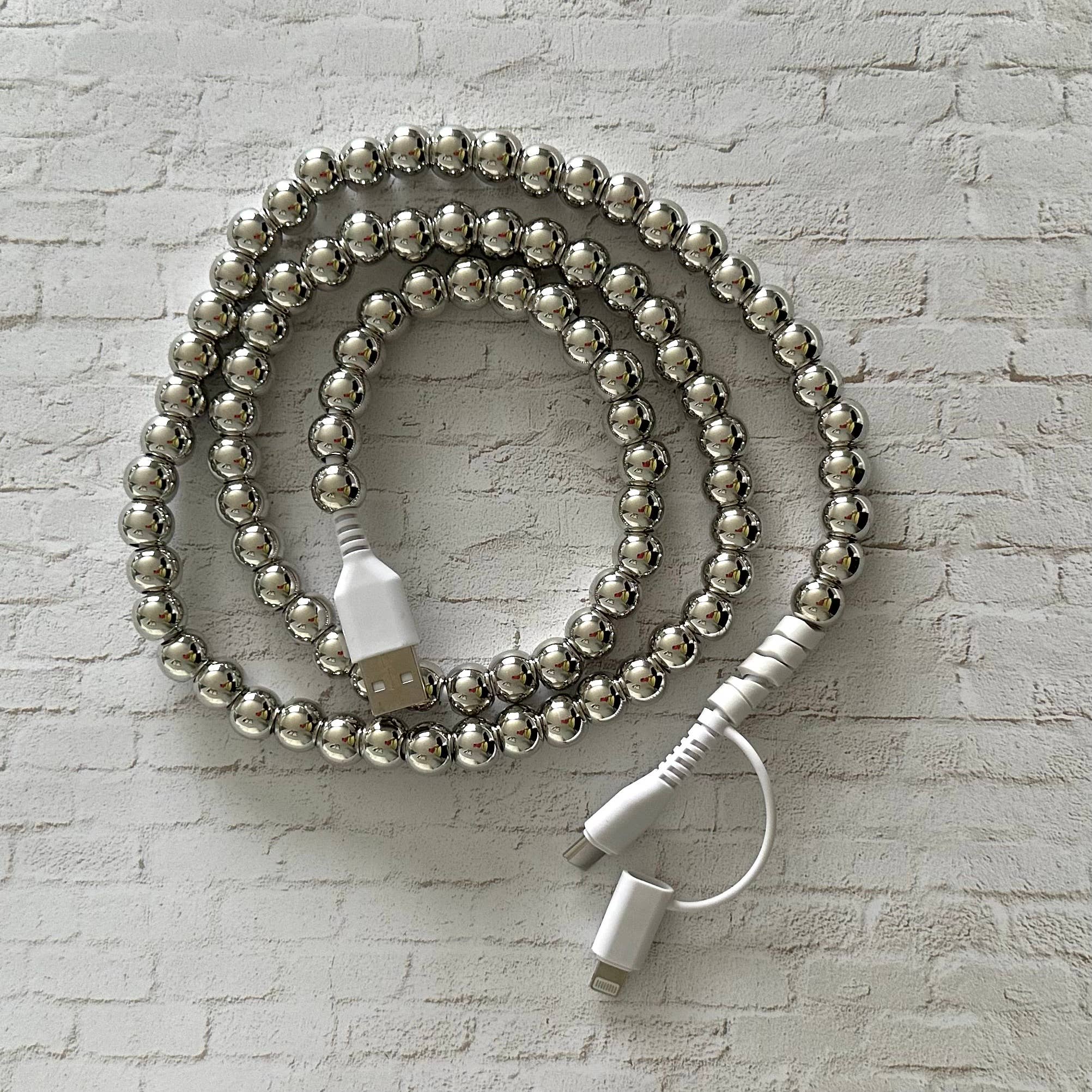 SILVER Beaded Phone Charging Cable 2 in 1 USB-C Cord