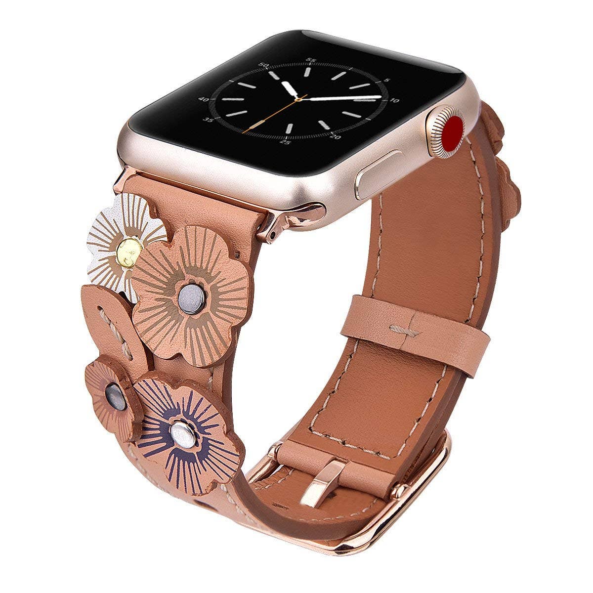 Floral Leather Apple Watch Band Flower Rivets Hand Stitched
