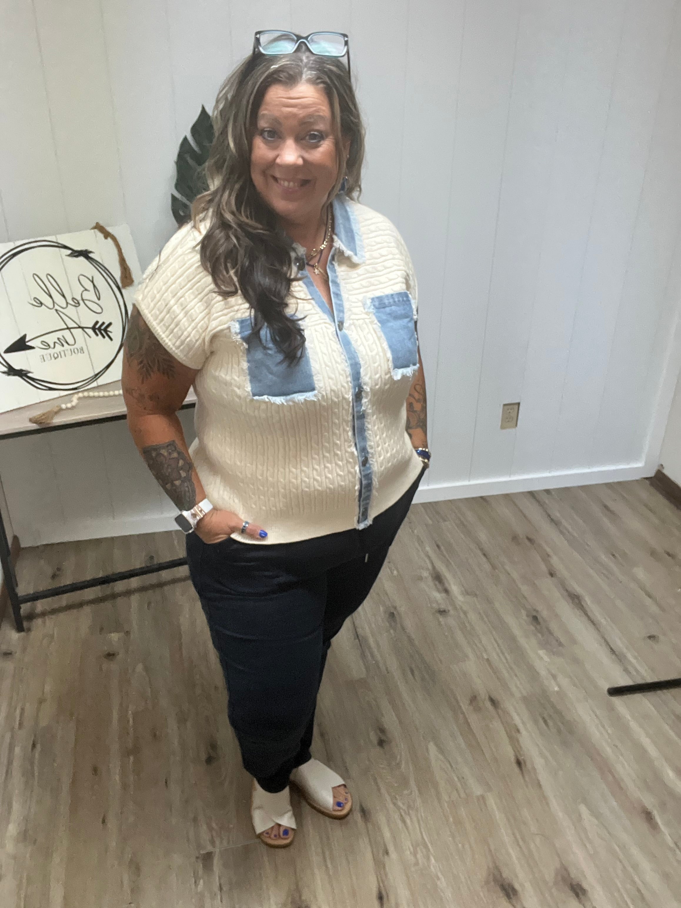 Denim Mixed Button Down Cable Sweater Jacket