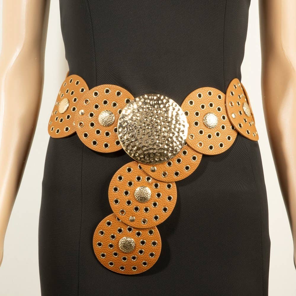 Western Oval Faux Leather Concho Disc Panel Belt