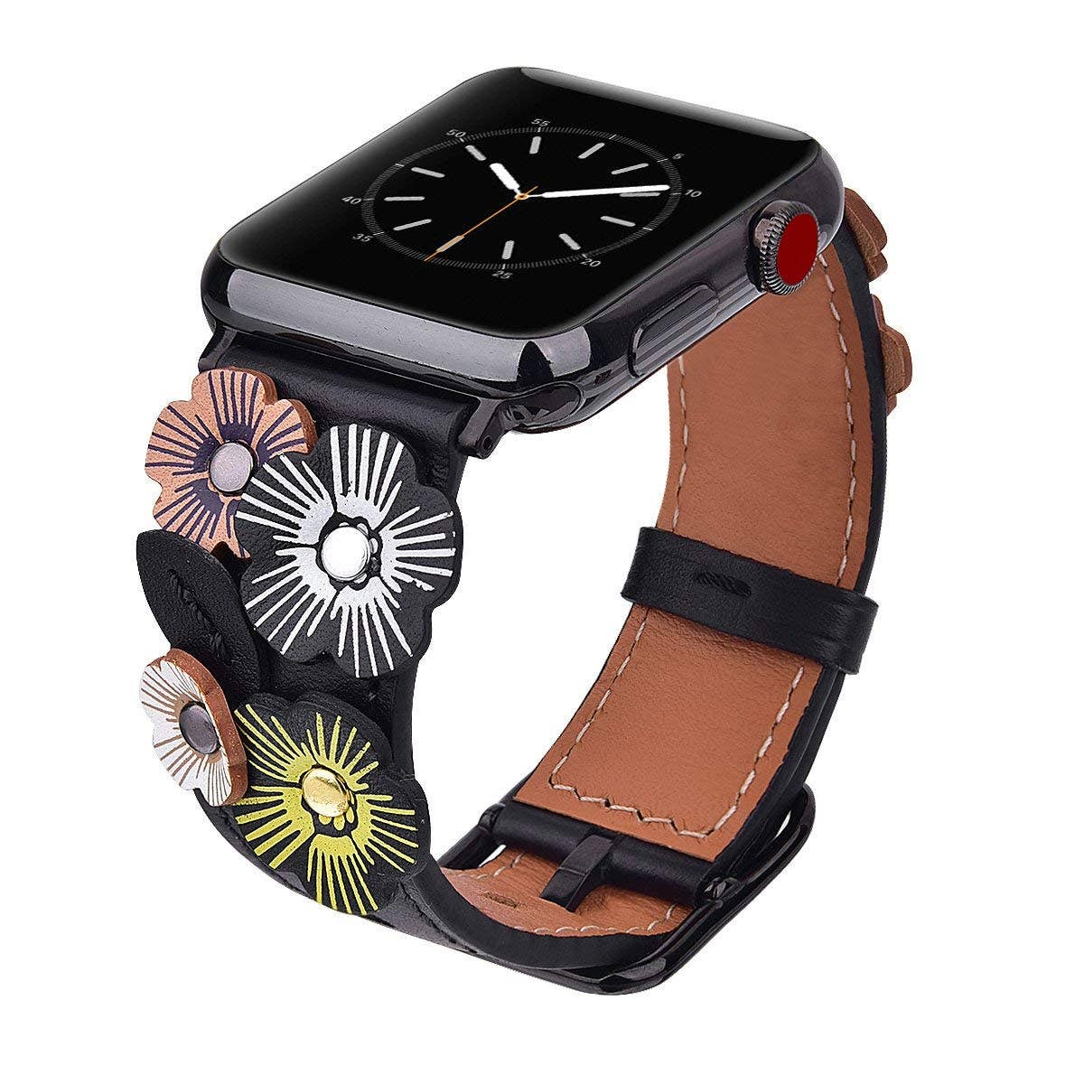 Floral Leather Apple Watch Band Flower Rivets Hand Stitched