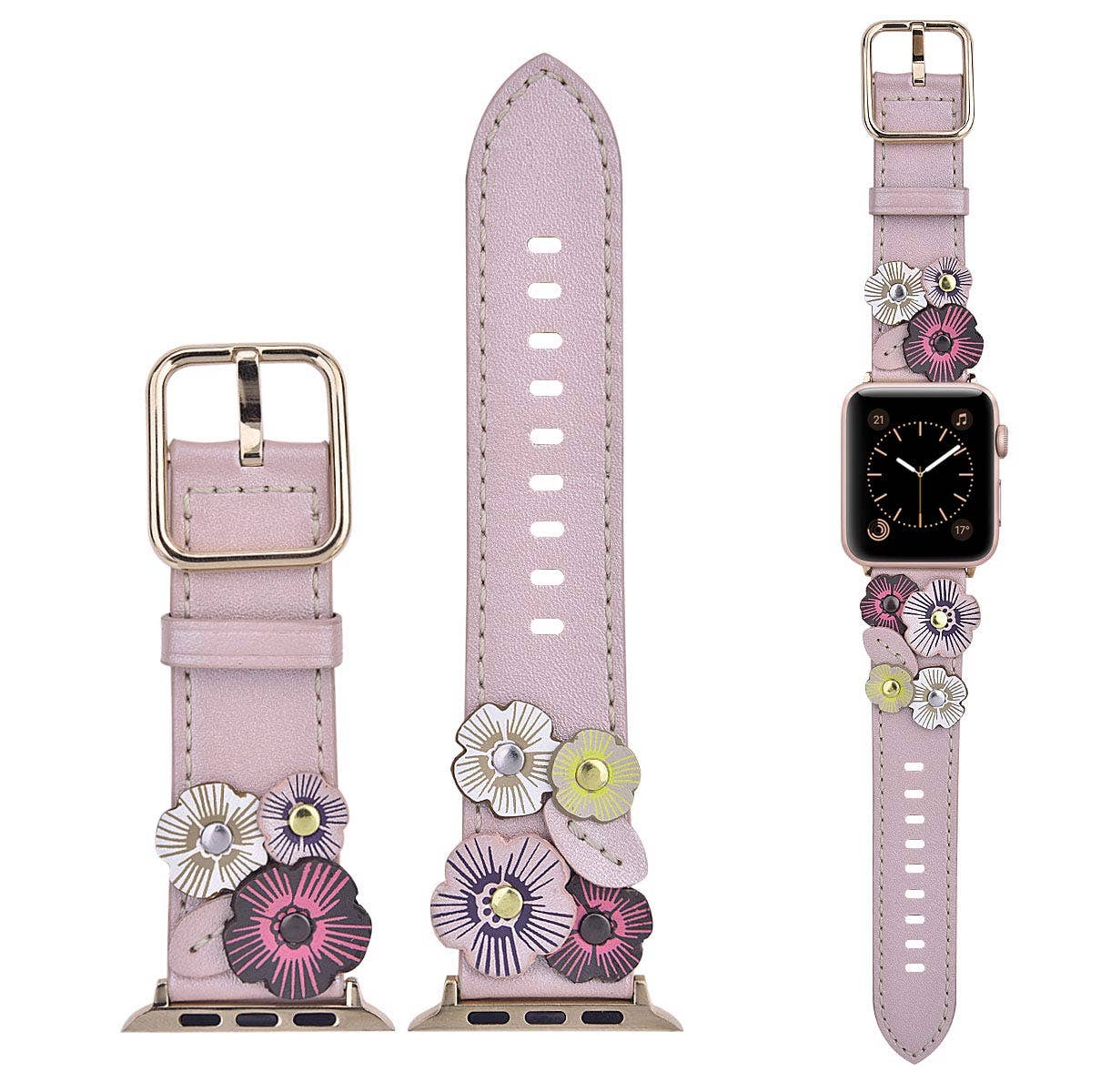 Floral Leather Apple Watch Band Flower Rivets Hand Stitched