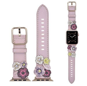 Floral Leather Apple Watch Band Flower Rivets Hand Stitched
