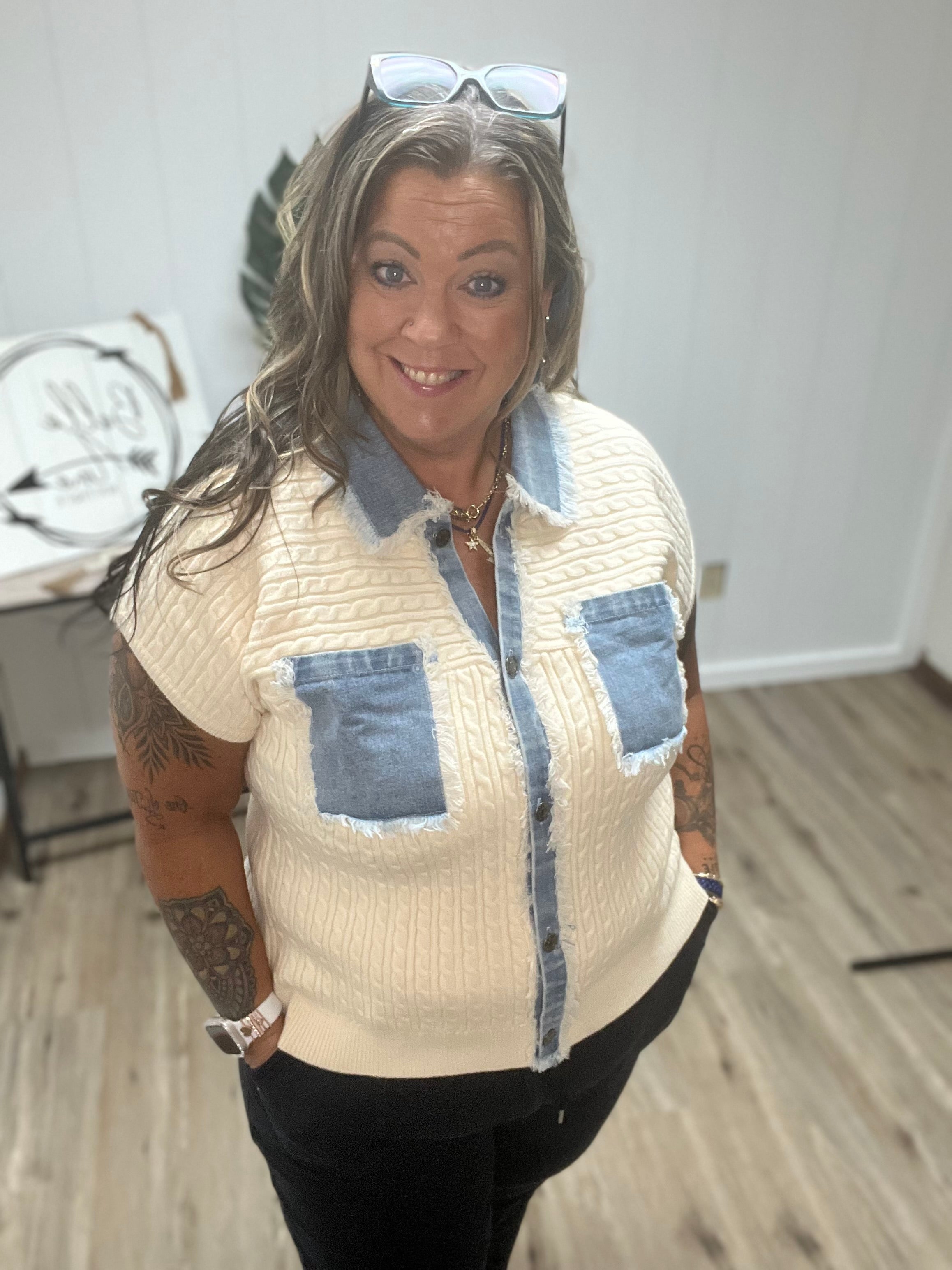 Denim Mixed Button Down Cable Sweater Jacket