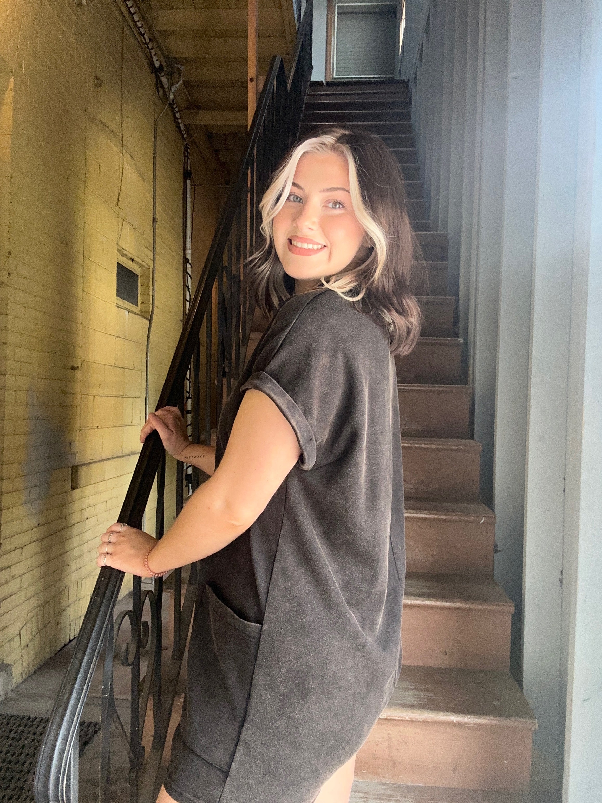 Mineral Washed Scuba Button Up Romper