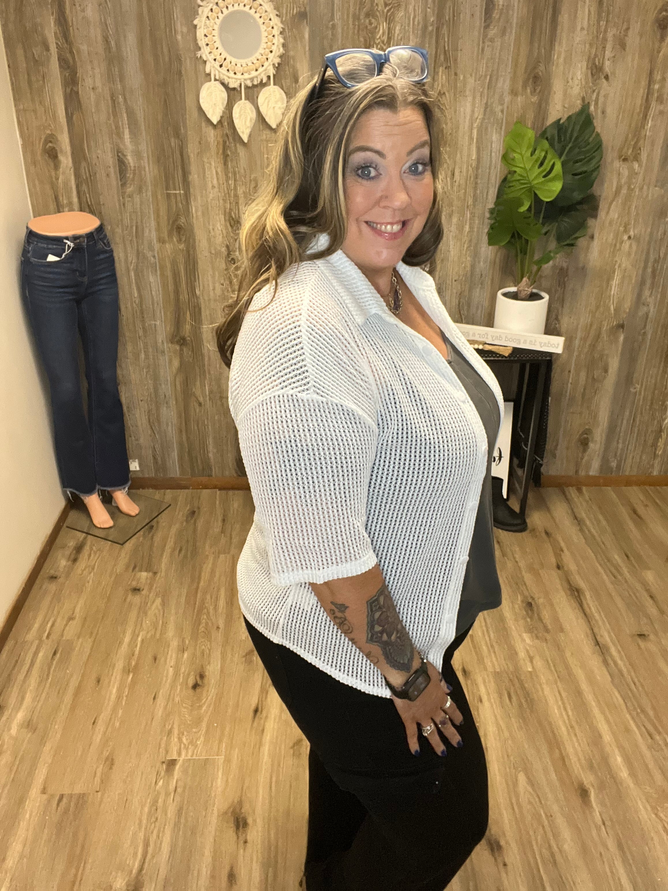 Open Stitch Knit Button Down Shirt