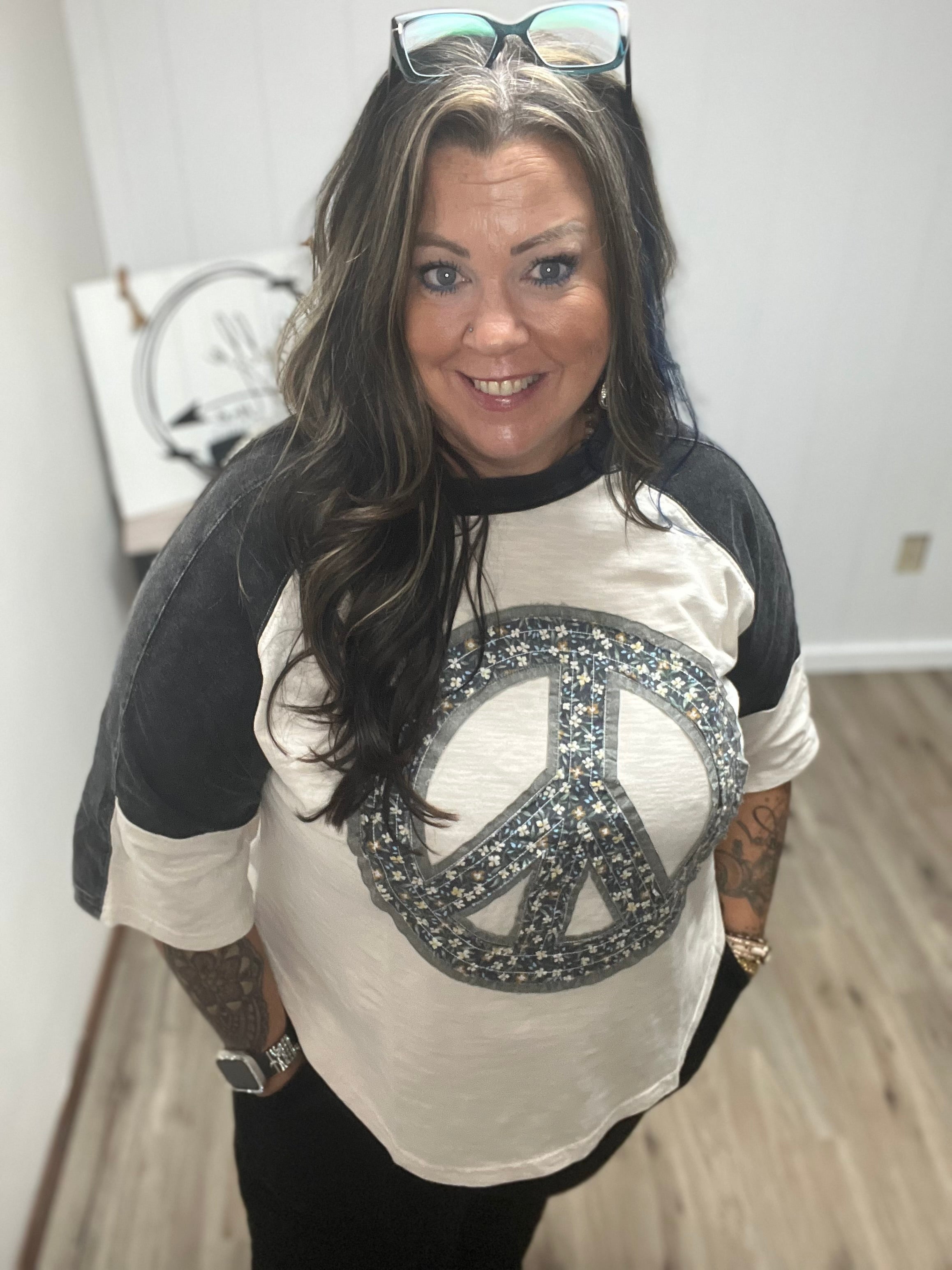 Peace Sign Patch Mineral Washed Color Block Top