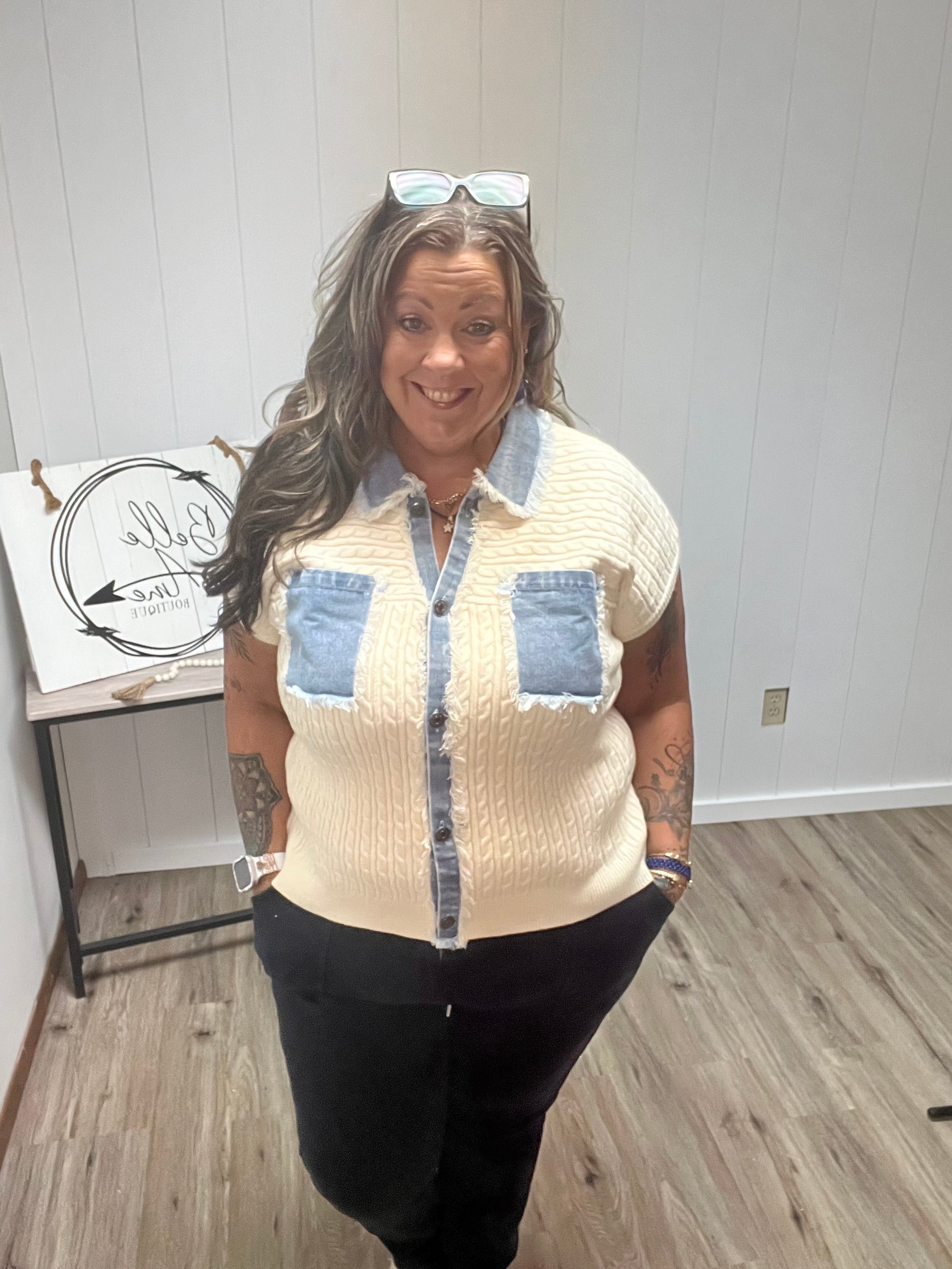 Denim Mixed Button Down Cable Sweater Jacket