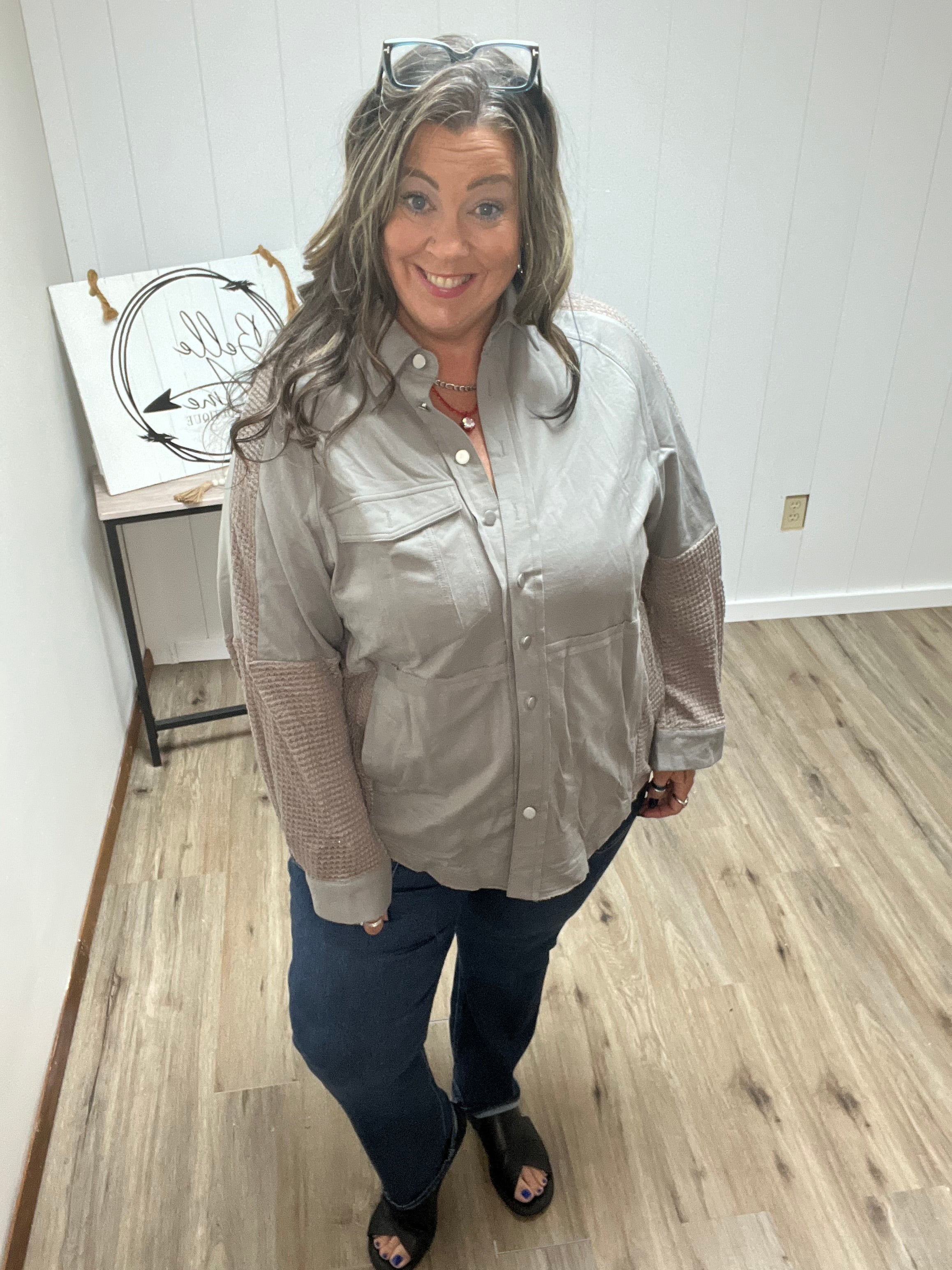 Waffle Knit Mixed Media Button-down