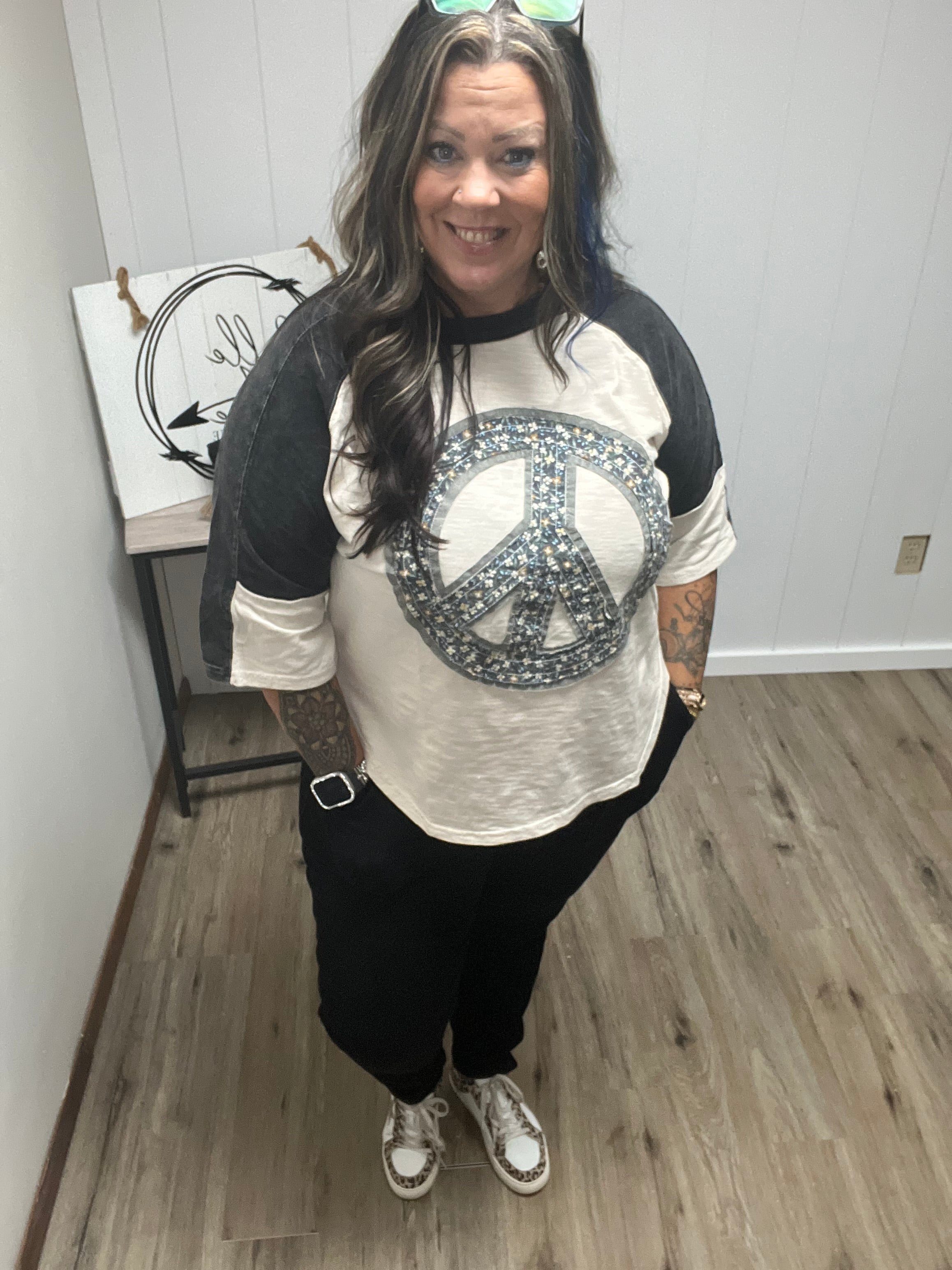 Peace Sign Patch Mineral Washed Color Block Top