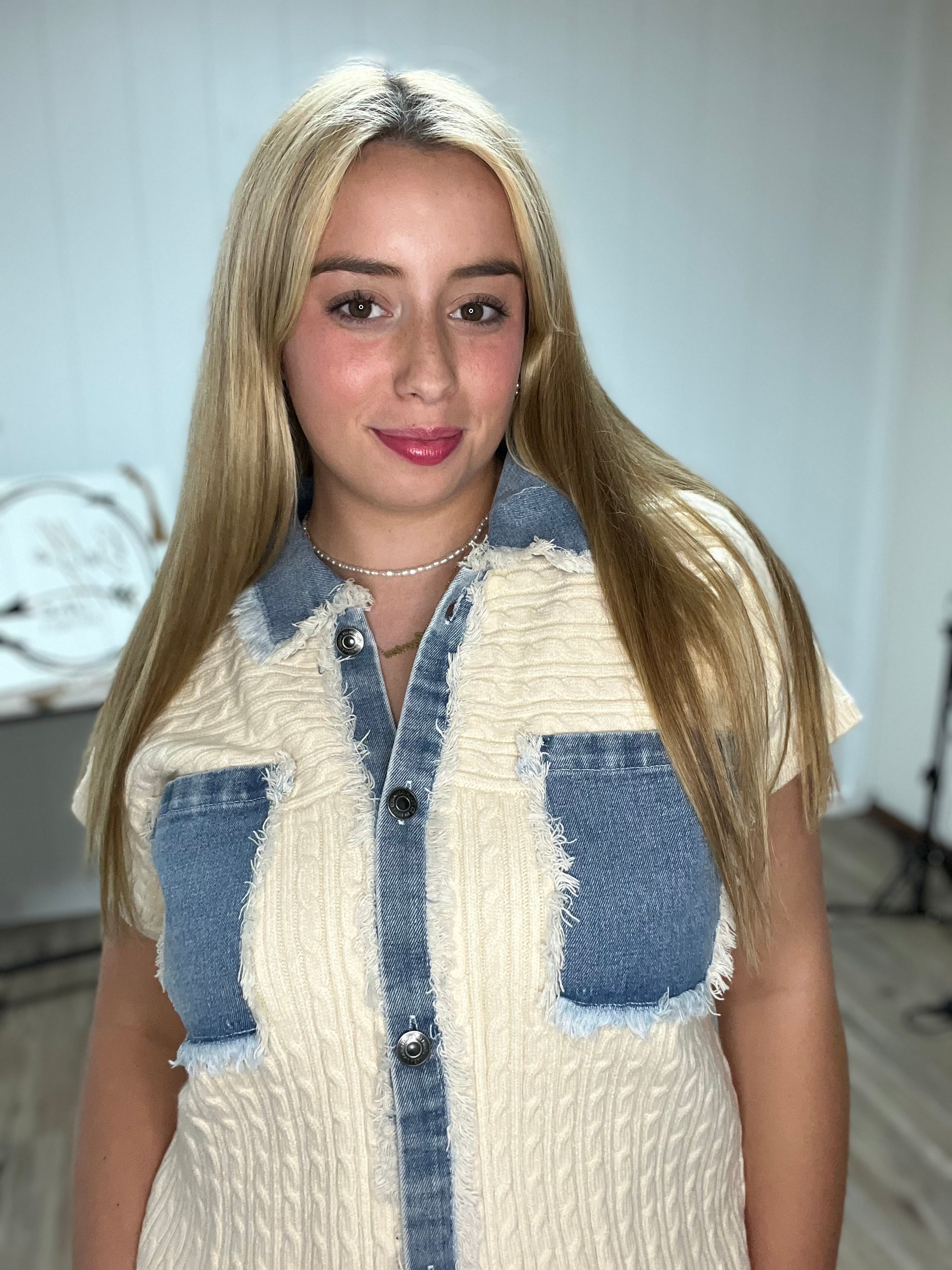 Denim Mixed Button Down Cable Sweater Jacket