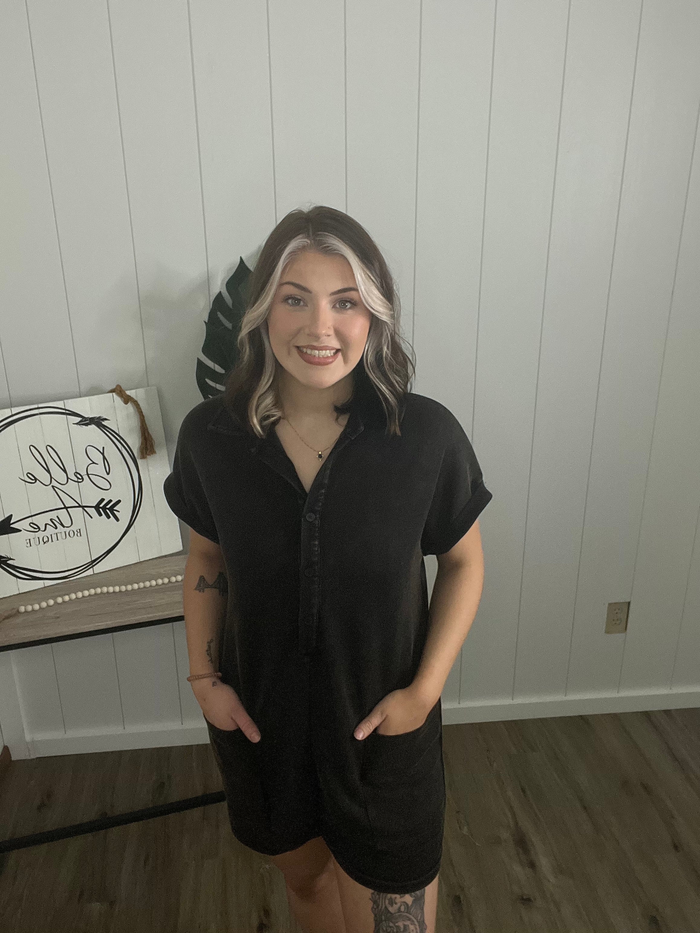 Mineral Washed Scuba Button Up Romper