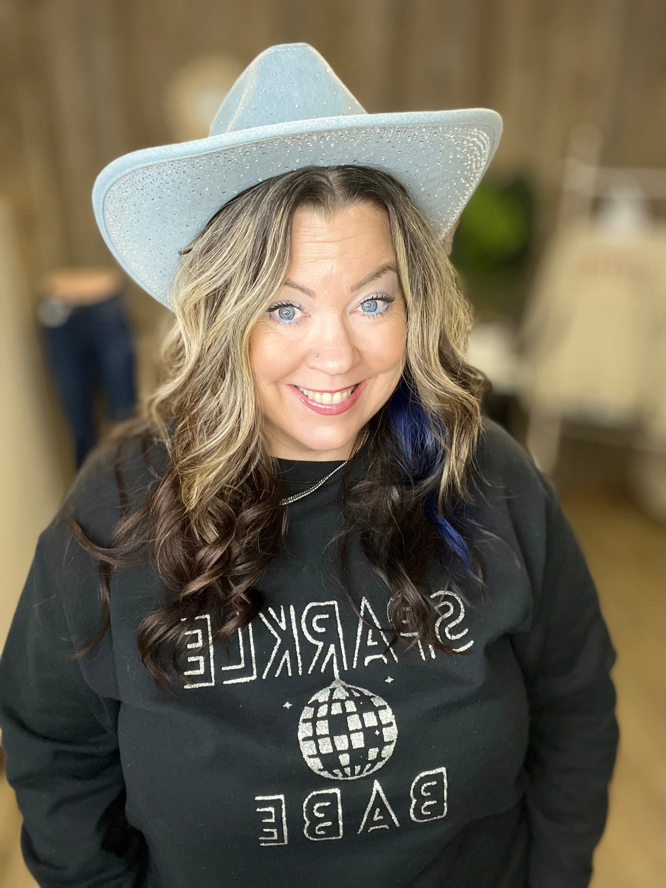 Rhinestone Studded Light Denim Cowboy Fedora Hat