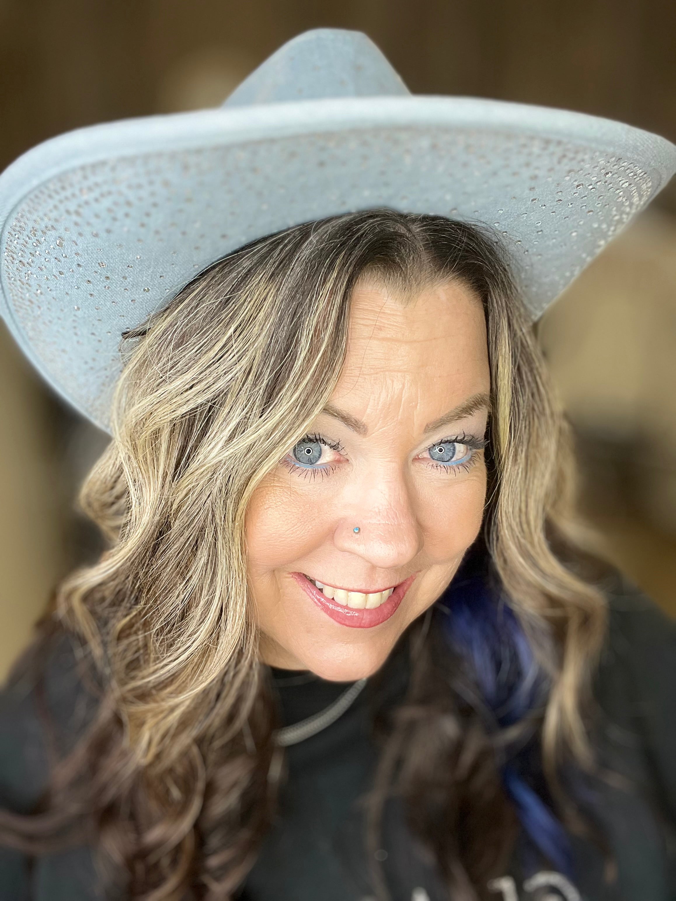 Rhinestone Studded Light Denim Cowboy Fedora Hat