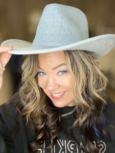 Rhinestone Studded Light Denim Cowboy Fedora Hat