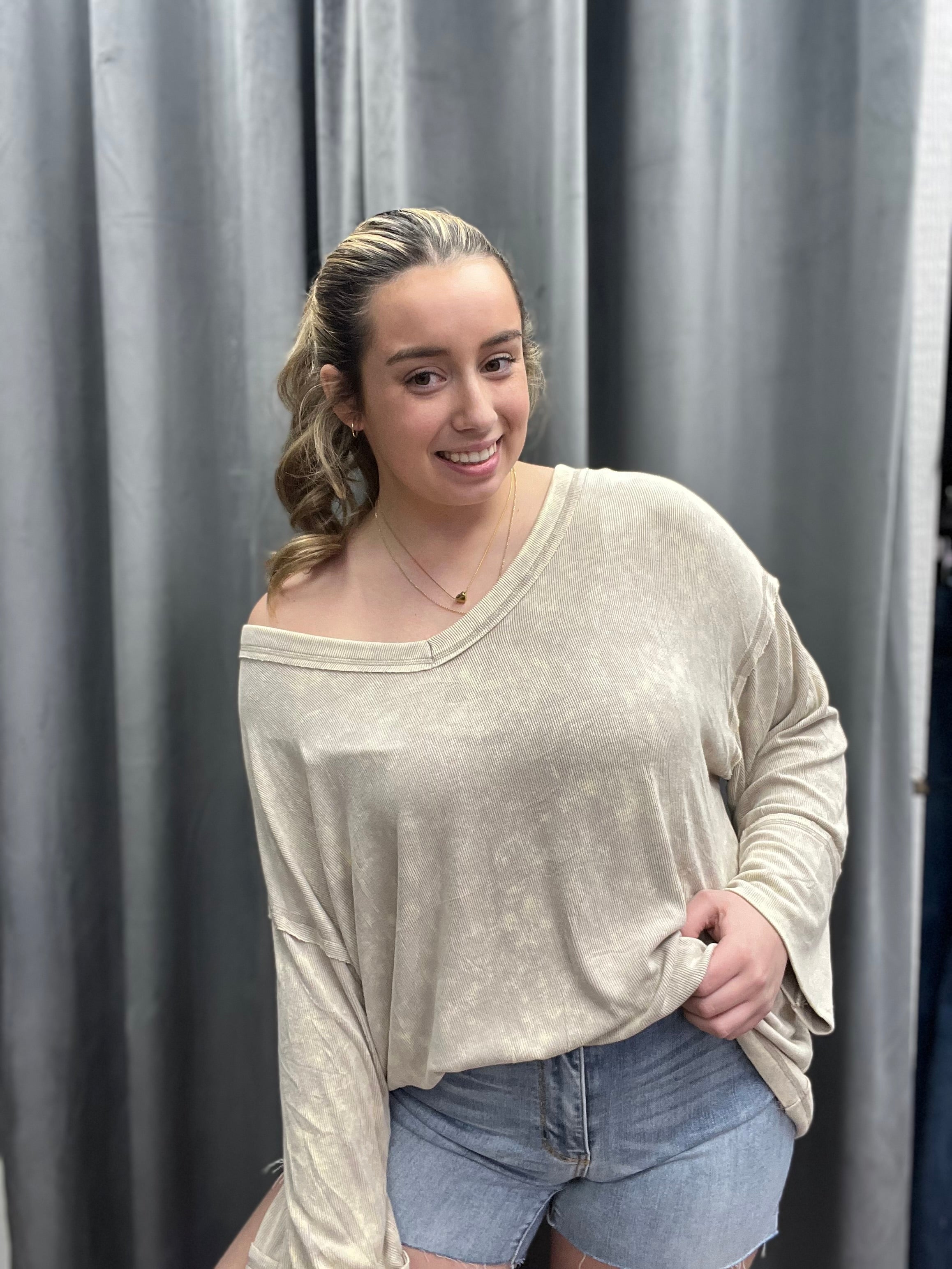 MINERAL WASHED RIB LOOSE FIT TOP