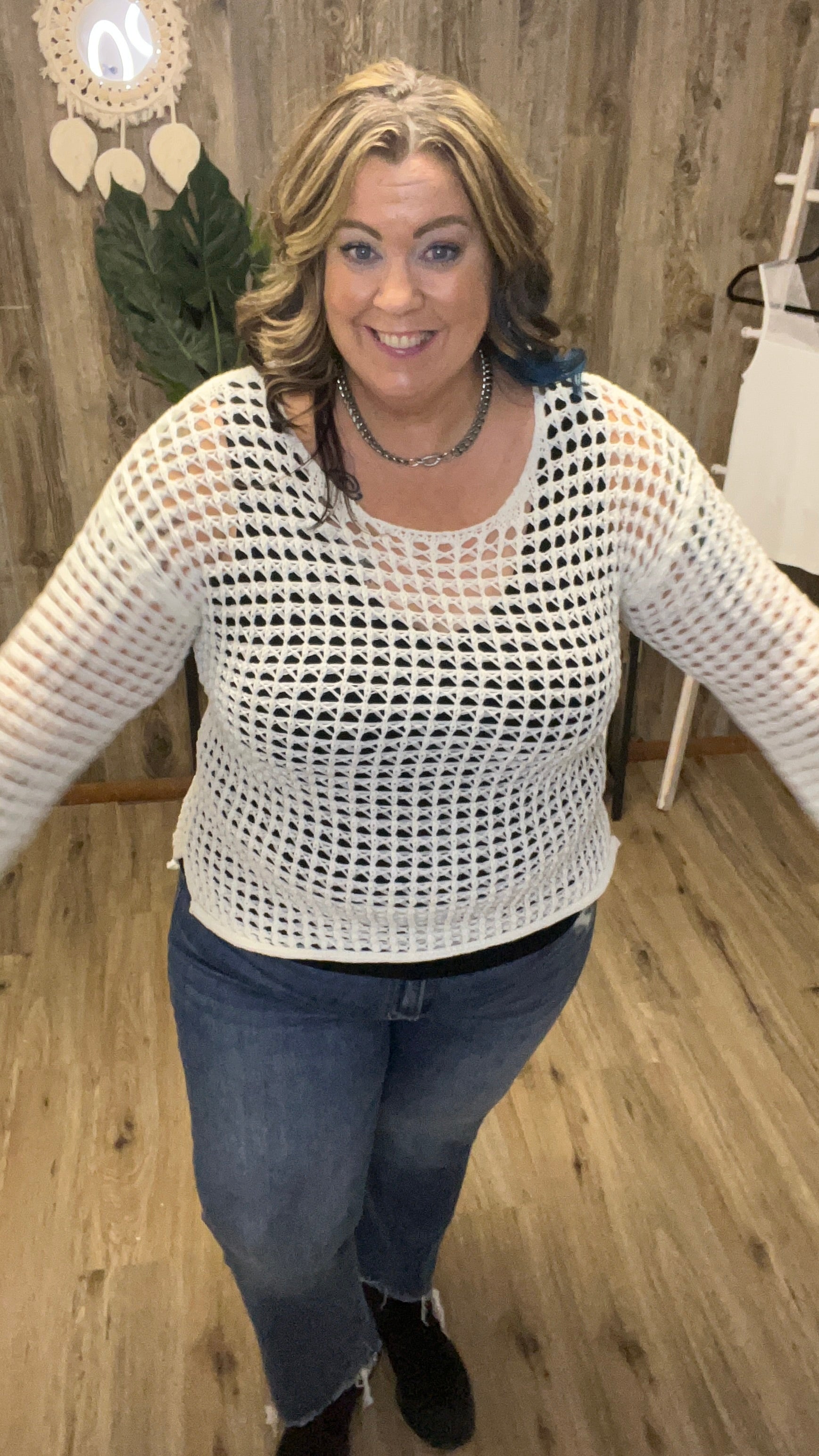 BLU OVERSIZED SHEER CROCHET PULLOVER