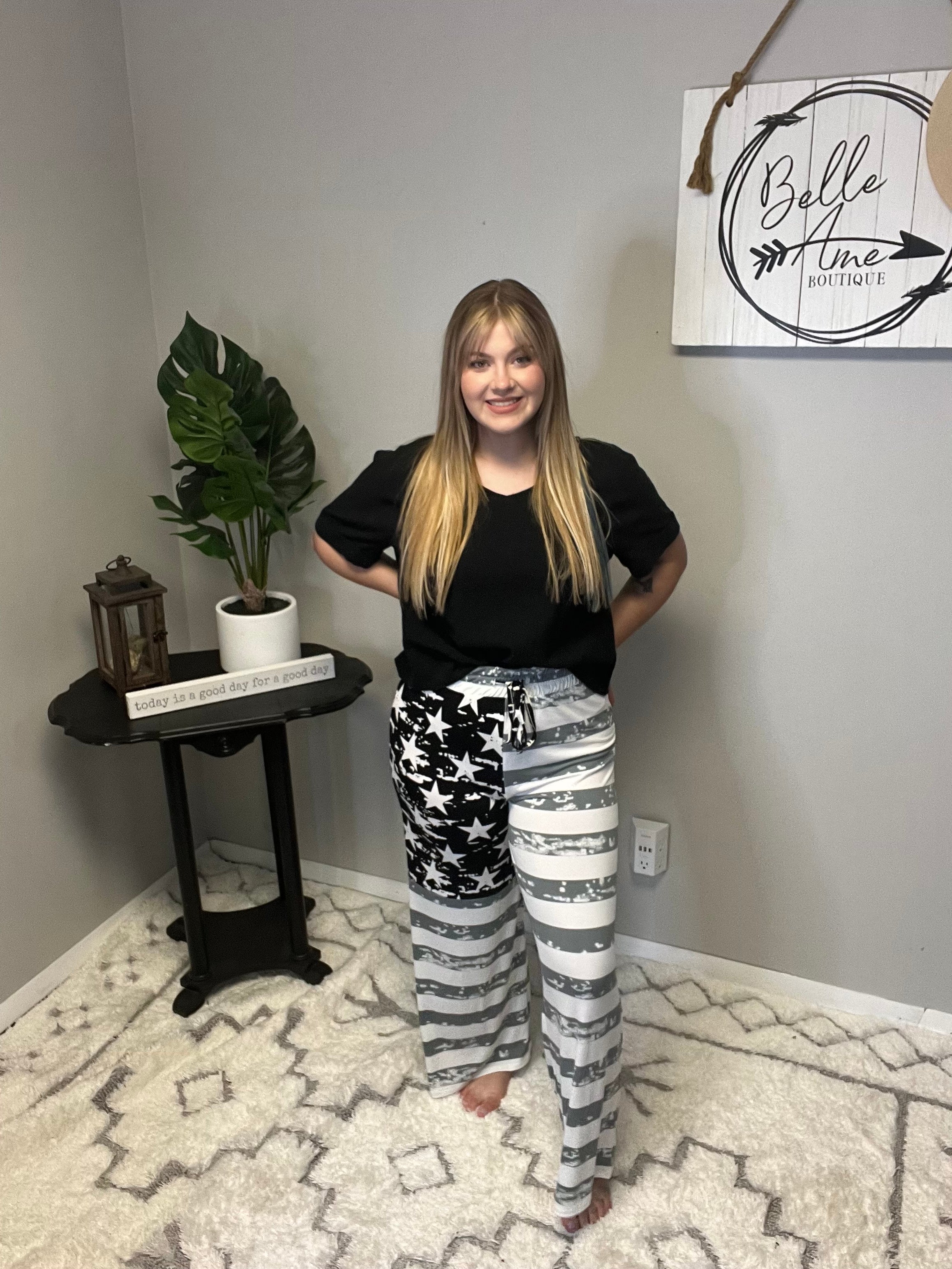 ZENANA AMERICAN FLAG DRAWSTRING WIDE LEG PANTS