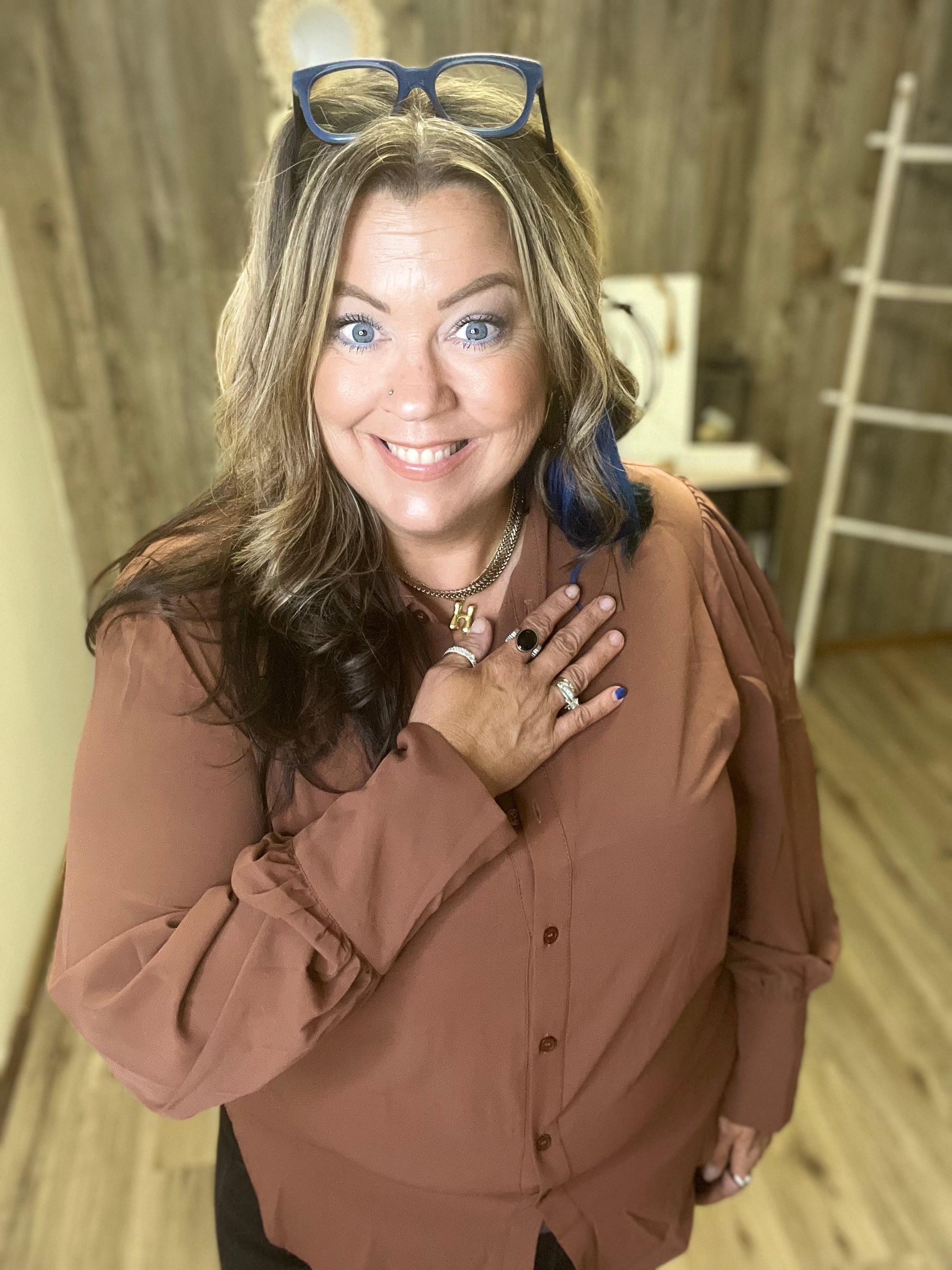 Long Cuff Lantern Puff Sleeve Button Down