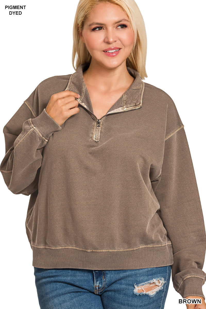 CURVY WASHED ZIP PULLOVER