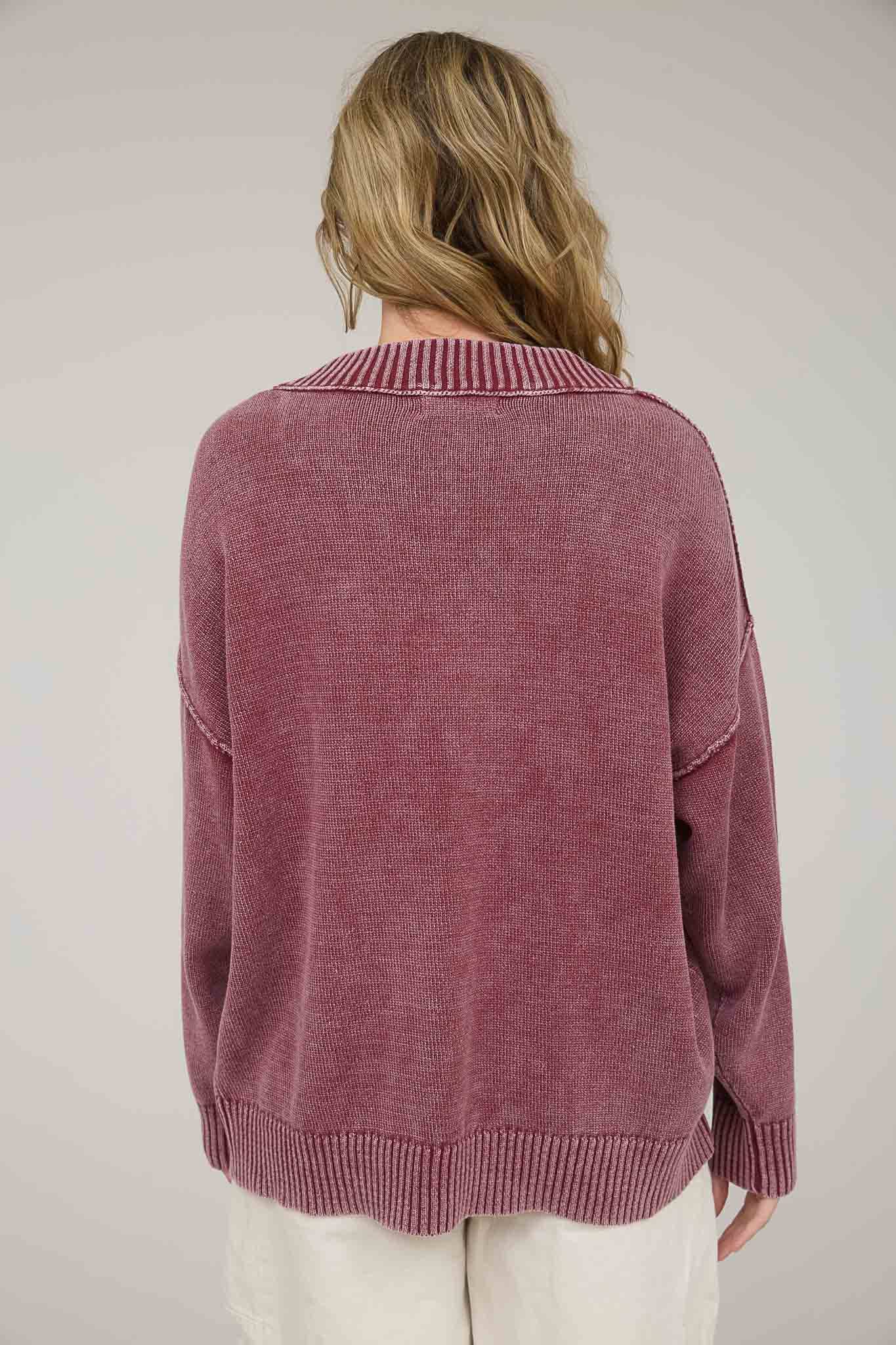 Blu Pepper - WASHED V NECK LONG SLEEVE OVERSIZED KNIT SWEATER