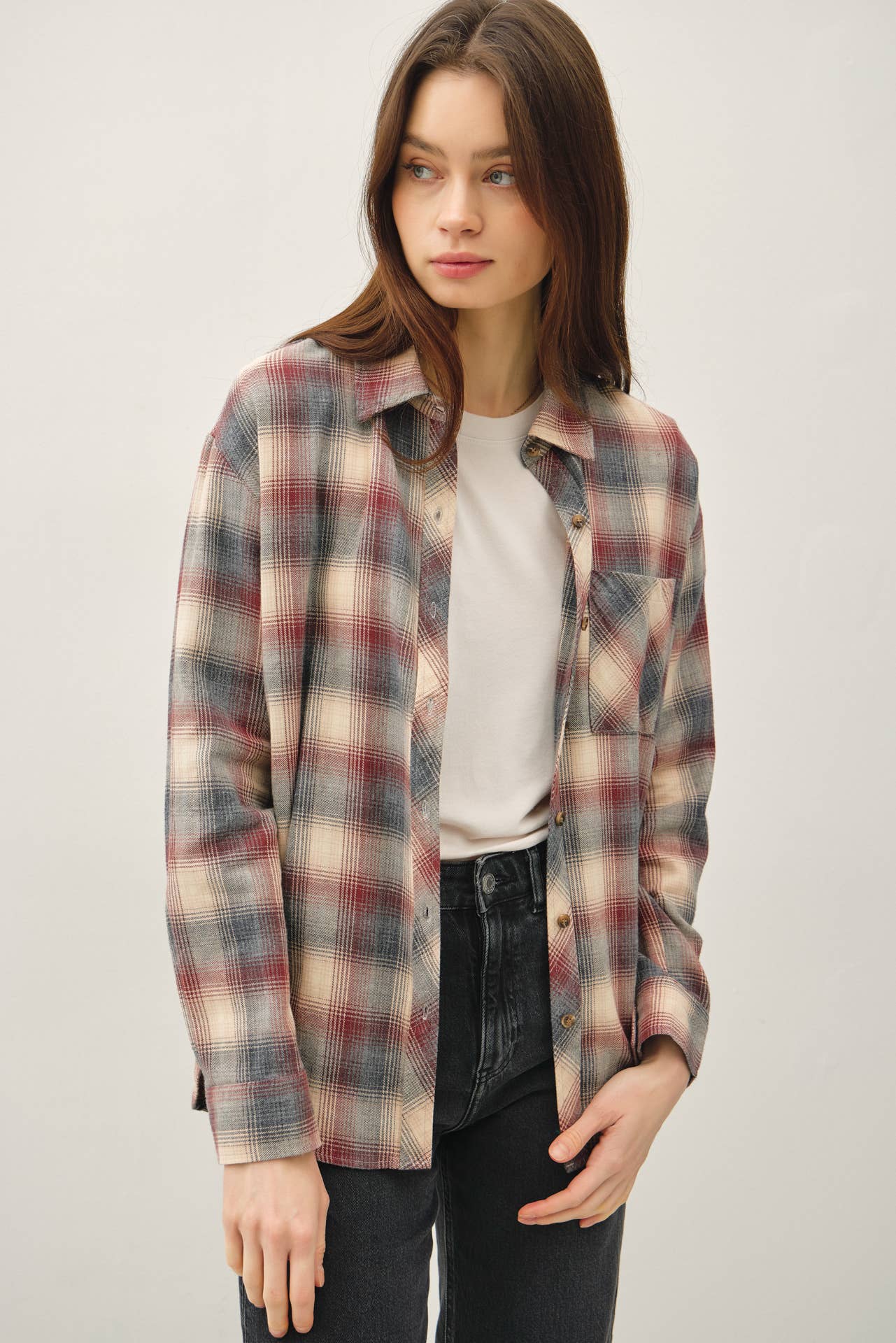 Be Cool - COTTON 100 CLASSIC  BURGUNDY GREY PLAID SHIRT
