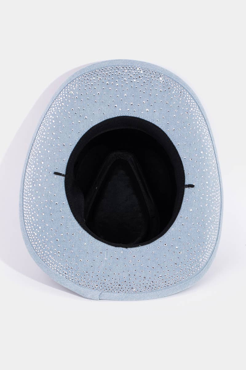 Rhinestone Studded Light Denim Cowboy Fedora Hat