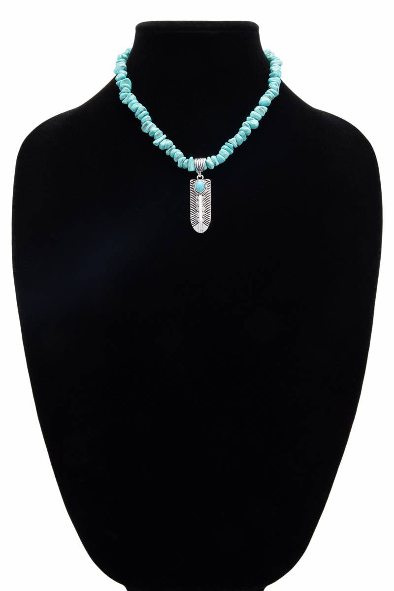 Semi Stone Feather Pendant Necklace