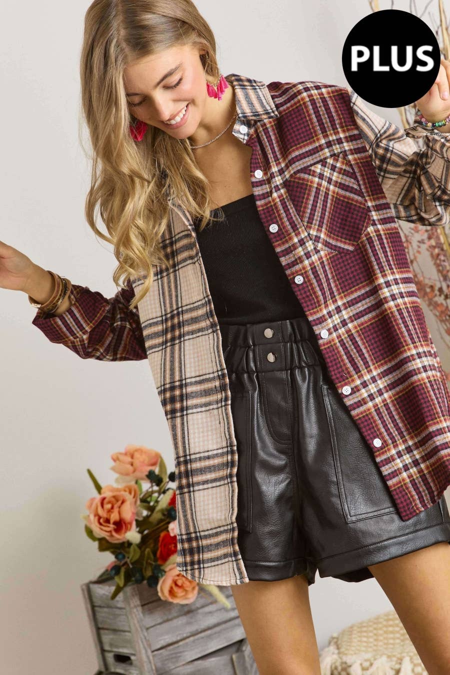 ADORA LA - CET2512X - PLUS SIZE MULTI COLOR PLAID SHIRT