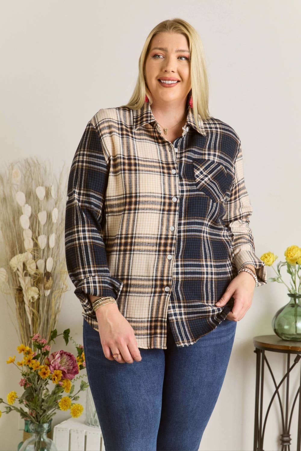 ADORA LA - CET2512X - PLUS SIZE MULTI COLOR PLAID SHIRT
