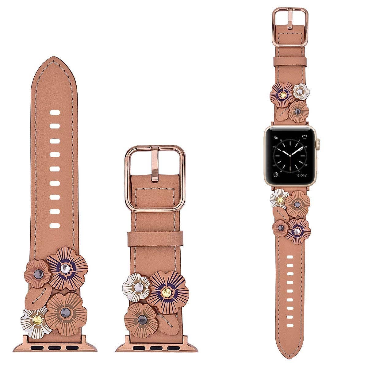 Floral Leather Apple Watch Band Flower Rivets Hand Stitched