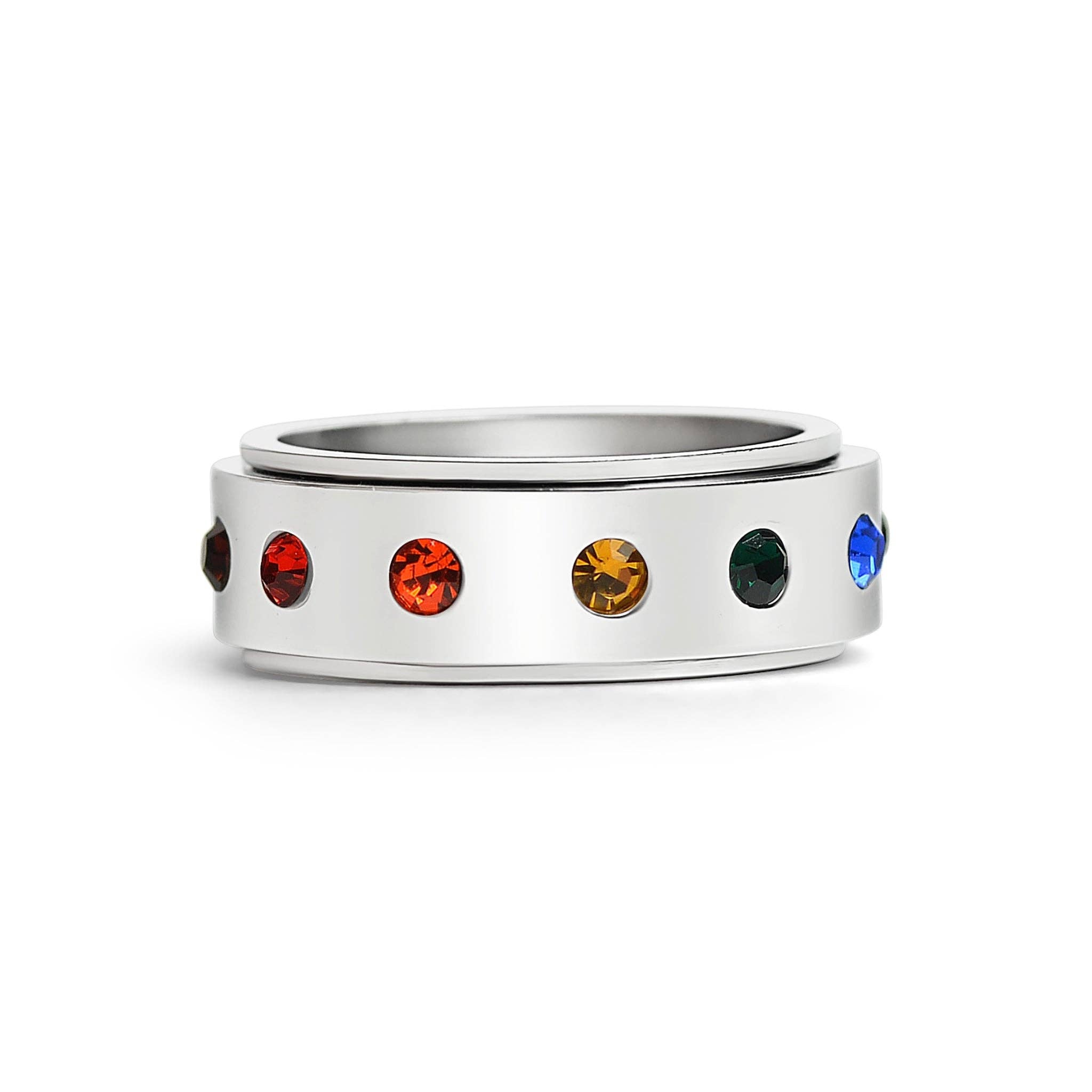 Rainbow CZ Spinner Center Highly Polished Stainless Steel Ring
