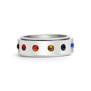Rainbow CZ Spinner Center Highly Polished Stainless Steel Ring