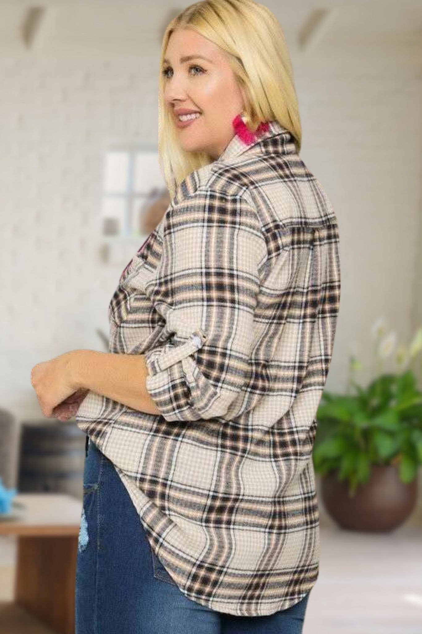 ADORA LA - CET2309X - PLUS SIZE BUTTON DOWN PLAID SHIRT