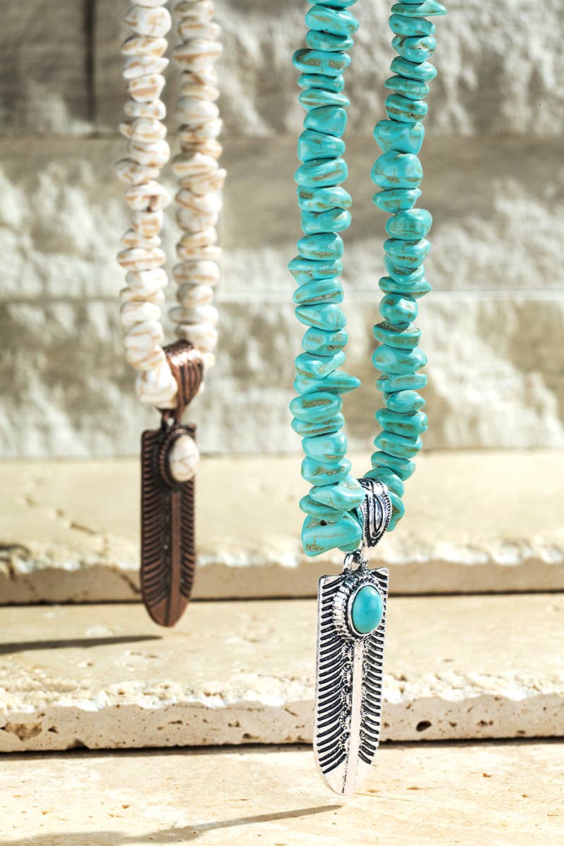 Semi Stone Feather Pendant Necklace