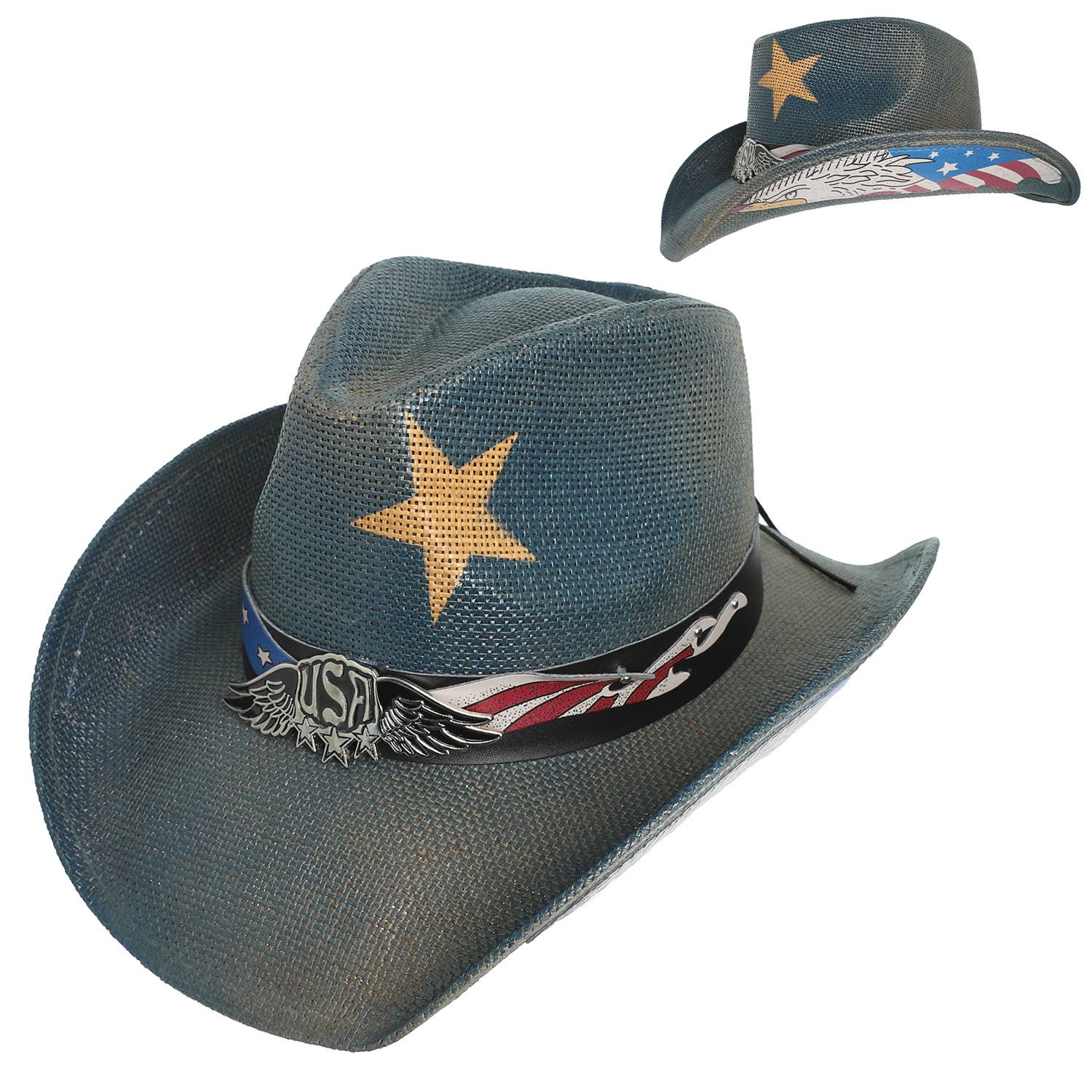 Patriotic Western denim Star Cow Boy Hat with Band