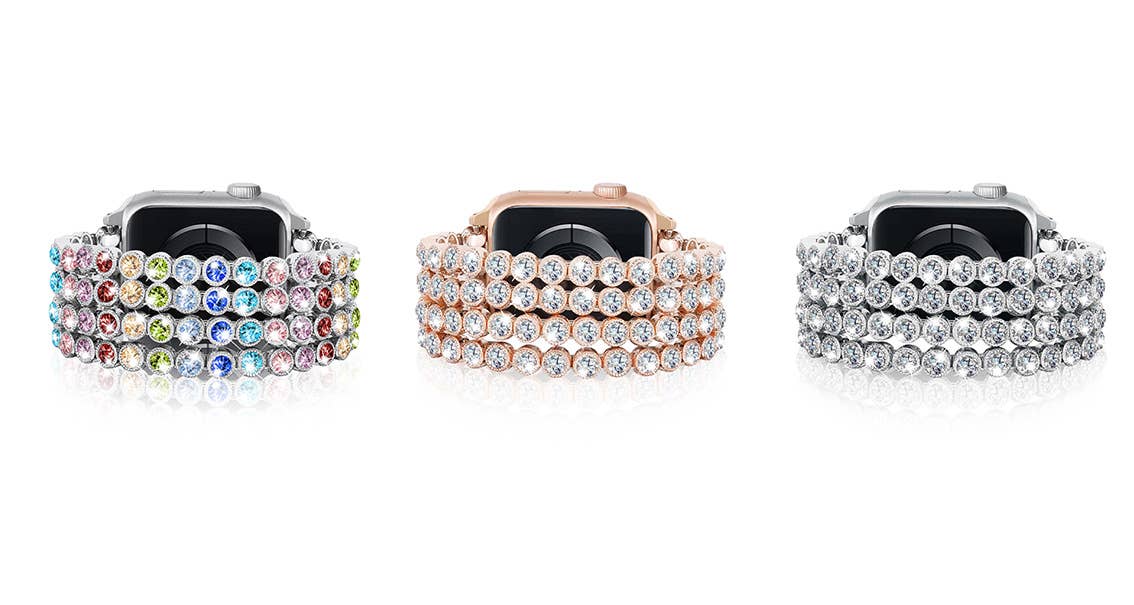 Crystal Diamond Bling CZ Silver Stretch Elastic Apple Watch