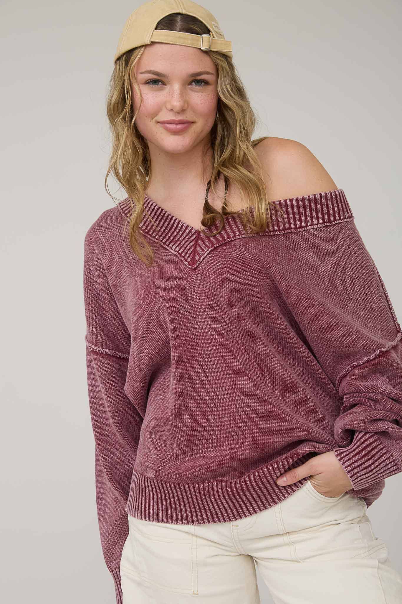 Blu Pepper - WASHED V NECK LONG SLEEVE OVERSIZED KNIT SWEATER