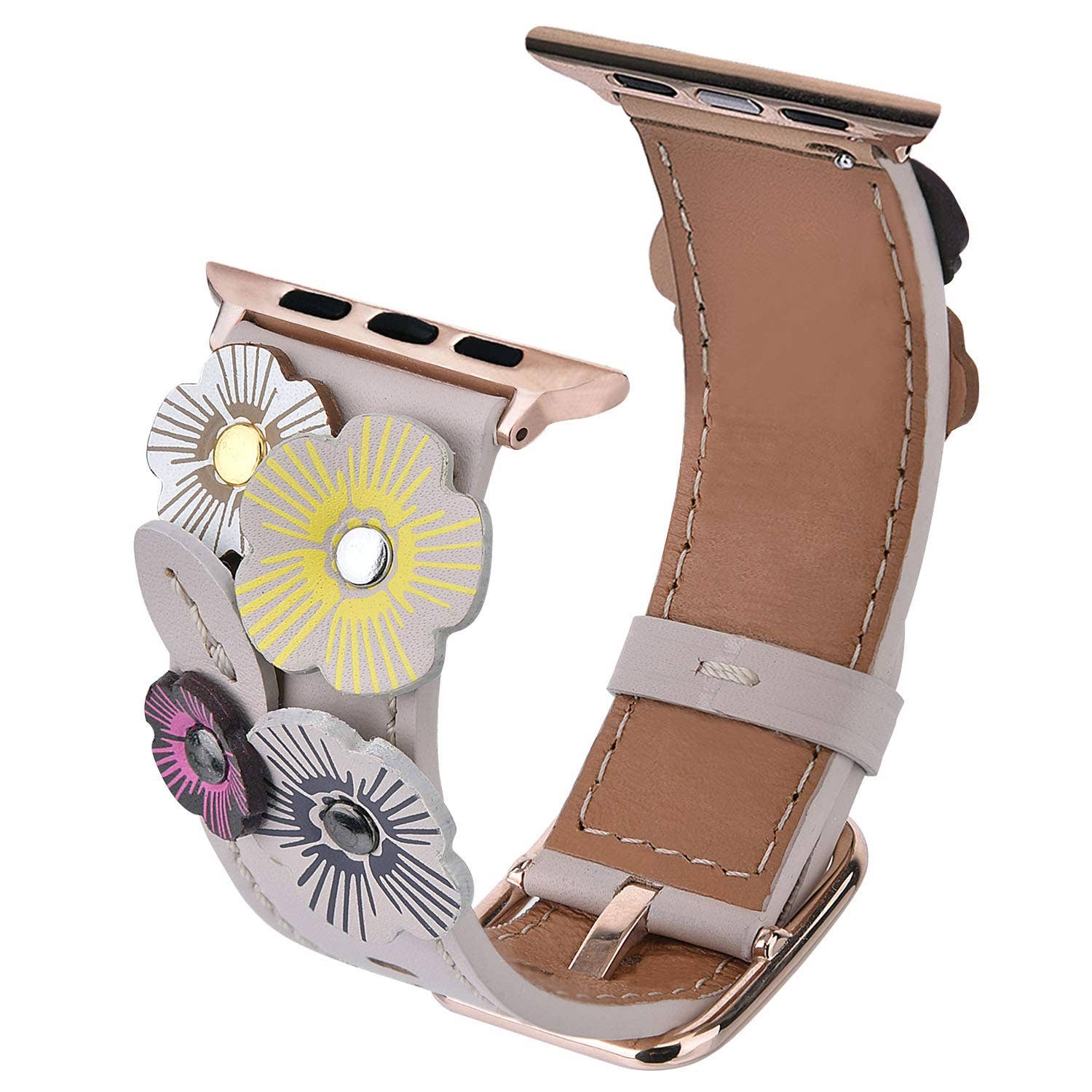 Floral Leather Apple Watch Band Flower Rivets Hand Stitched